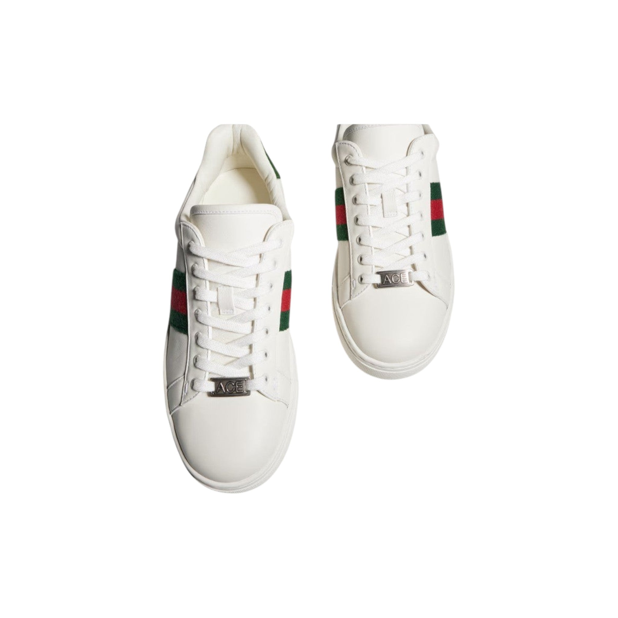 Via Manzoni Boutique white leather lace-up sneakers with green and red Web stripe detail and "ACE" metal accent.