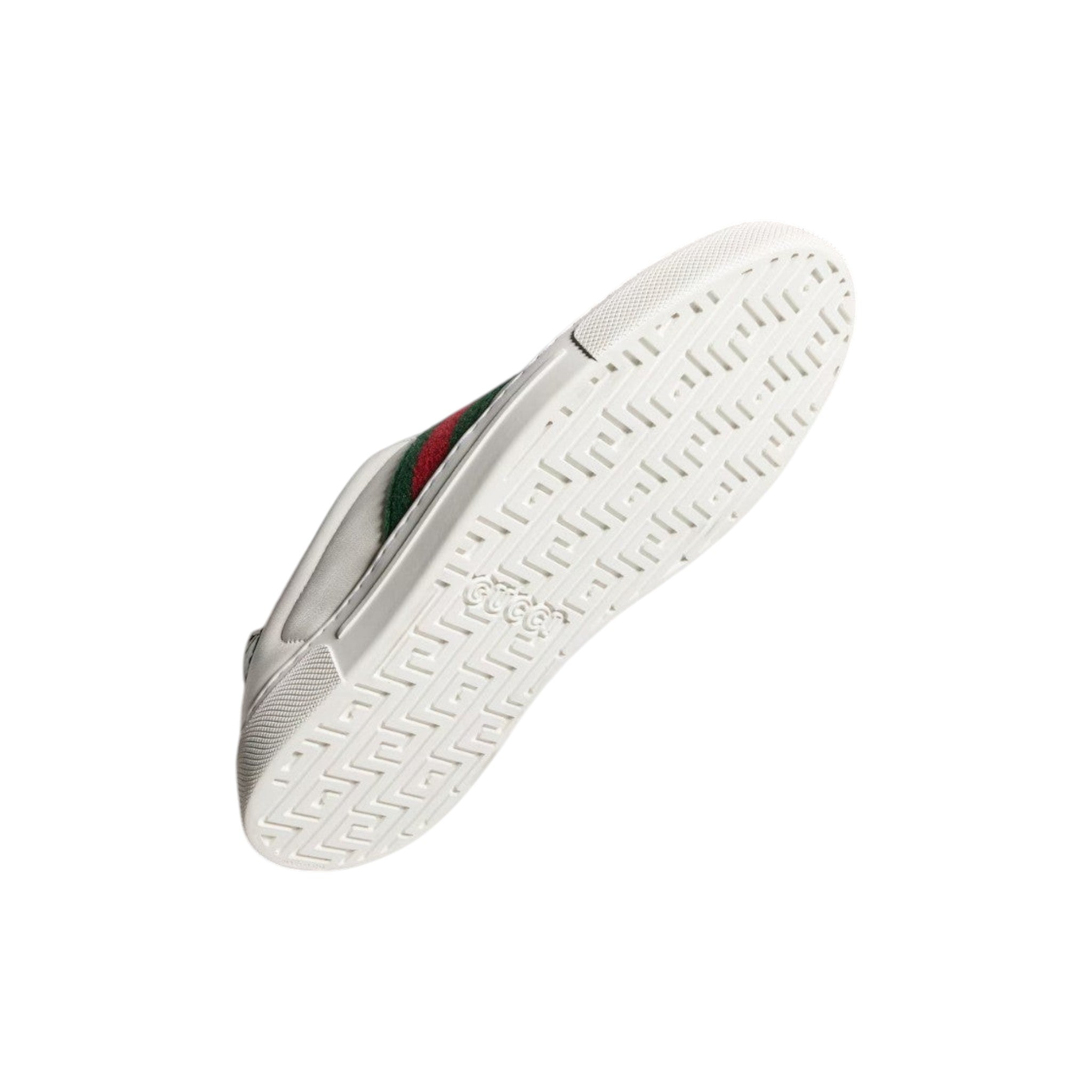 Via Manzoni Boutique white leather Ace sneakers with green and red Web stripe detail and intricate sole pattern.