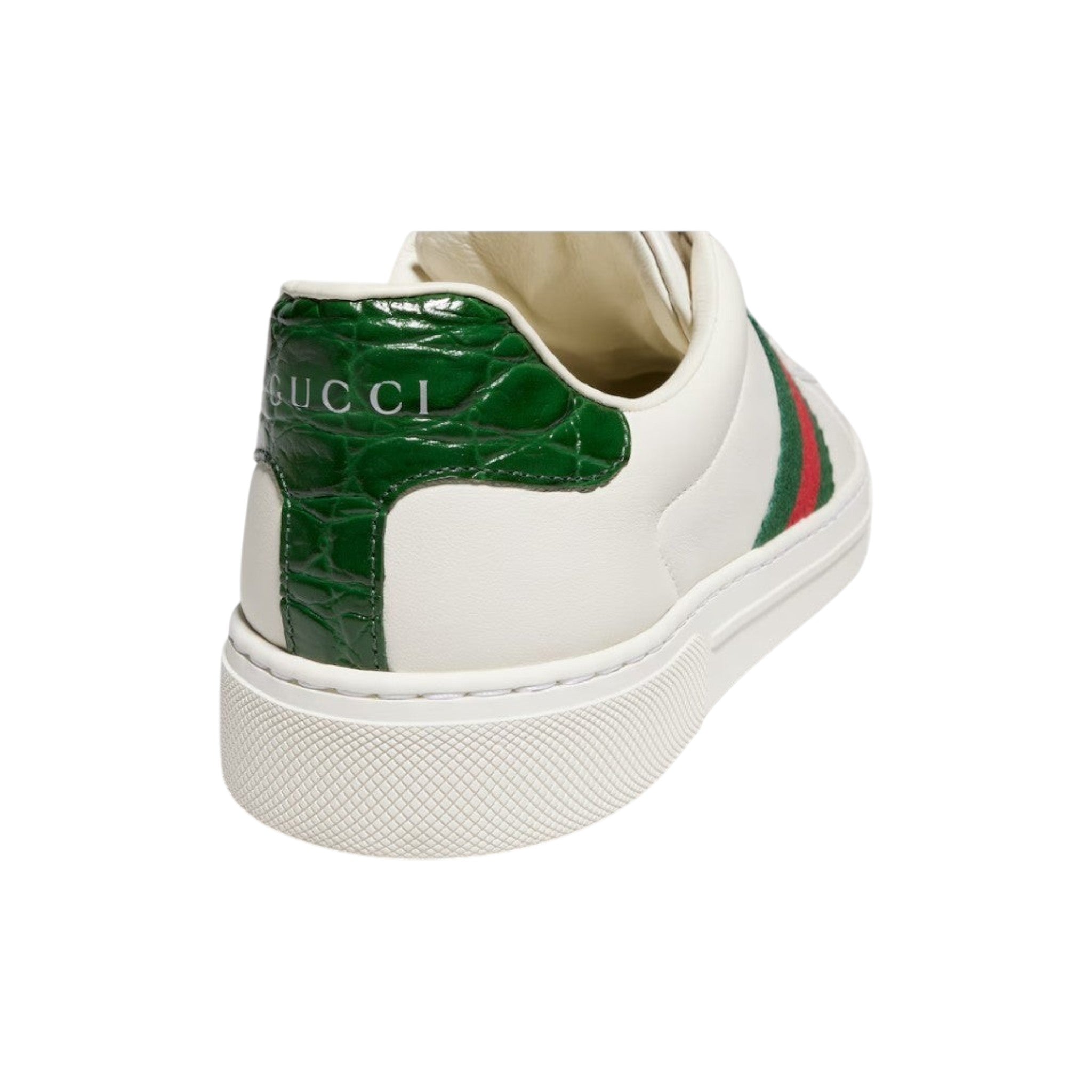 Via Manzoni Boutique white leather sneakers with green croc heel detail and red/green stripe.