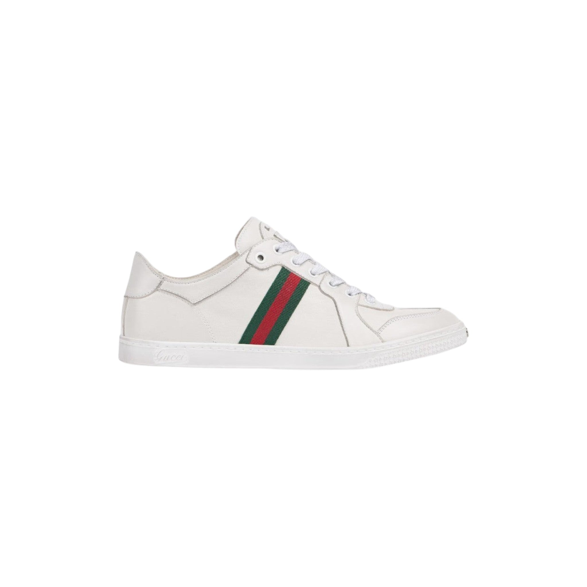 Via Manzoni Boutique white leather low top sneakers with green and red web stripe detail and lace-up closure.