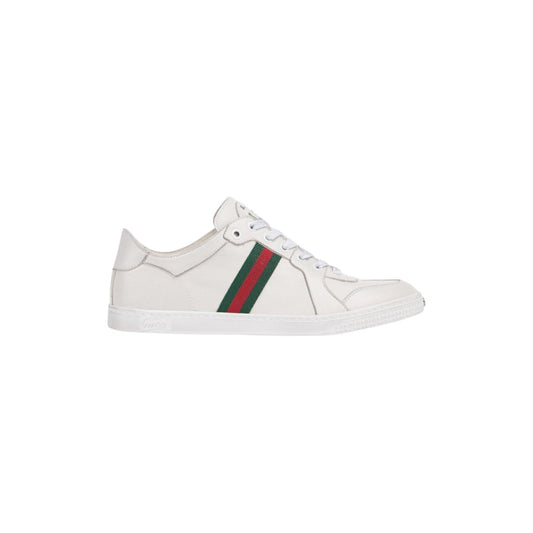 Via Manzoni Boutique white leather low top sneakers with green and red web stripe detail and lace-up closure.