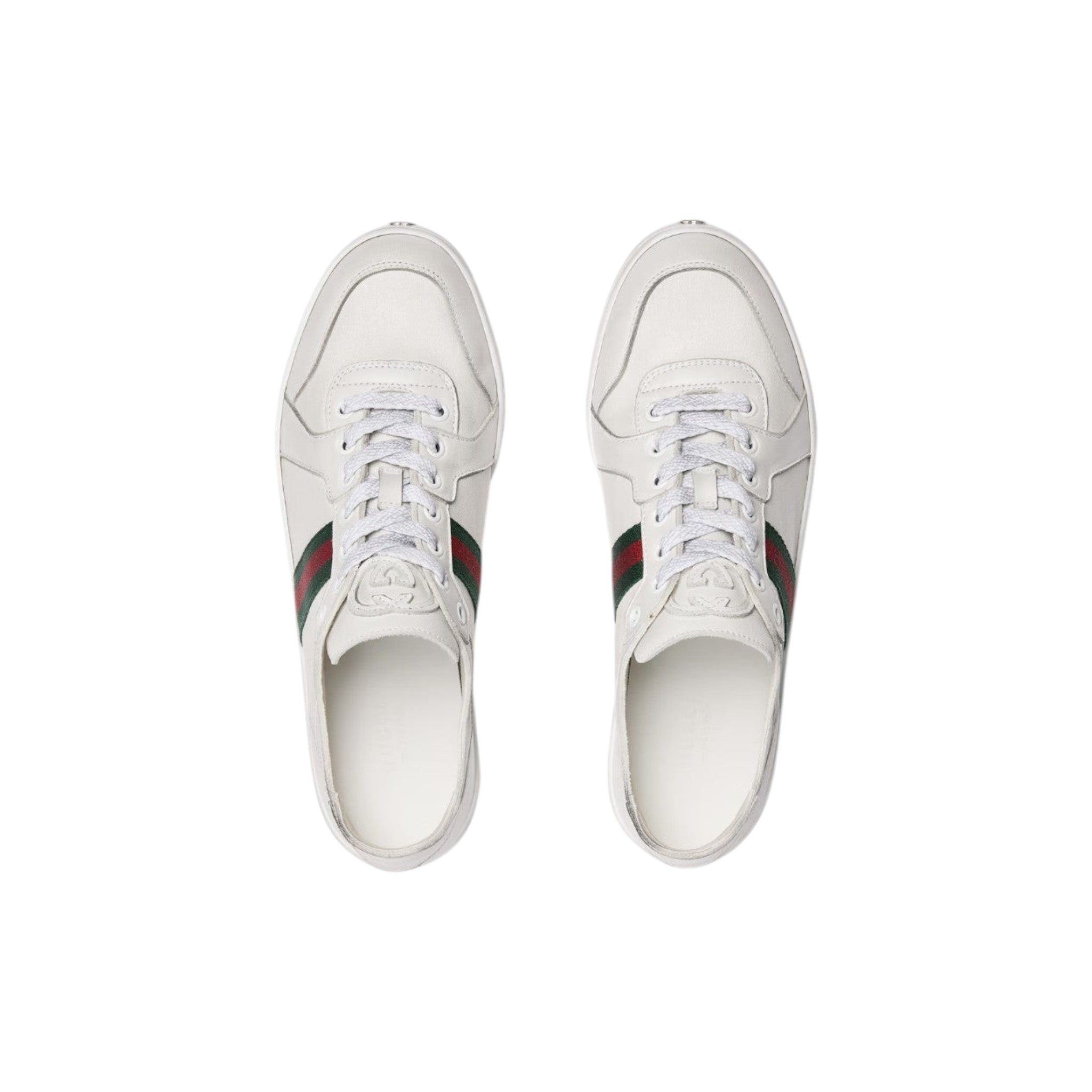 Via Manzoni Boutique white leather low top sneakers with green and red web stripe detail and lace-up closure.