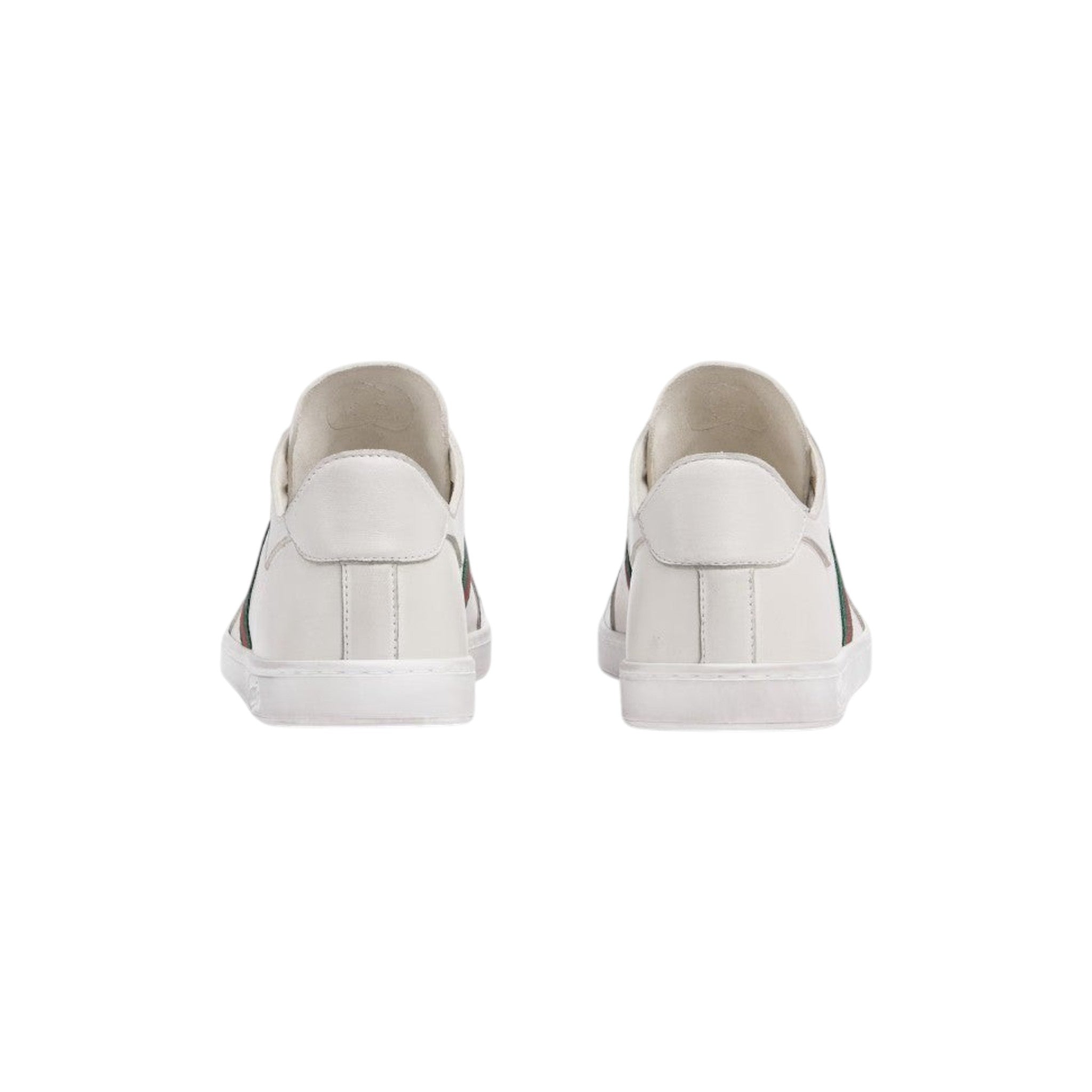 Via Manzoni Boutique white leather low top sneakers with green and red web stripe detail and lace-up closure.
