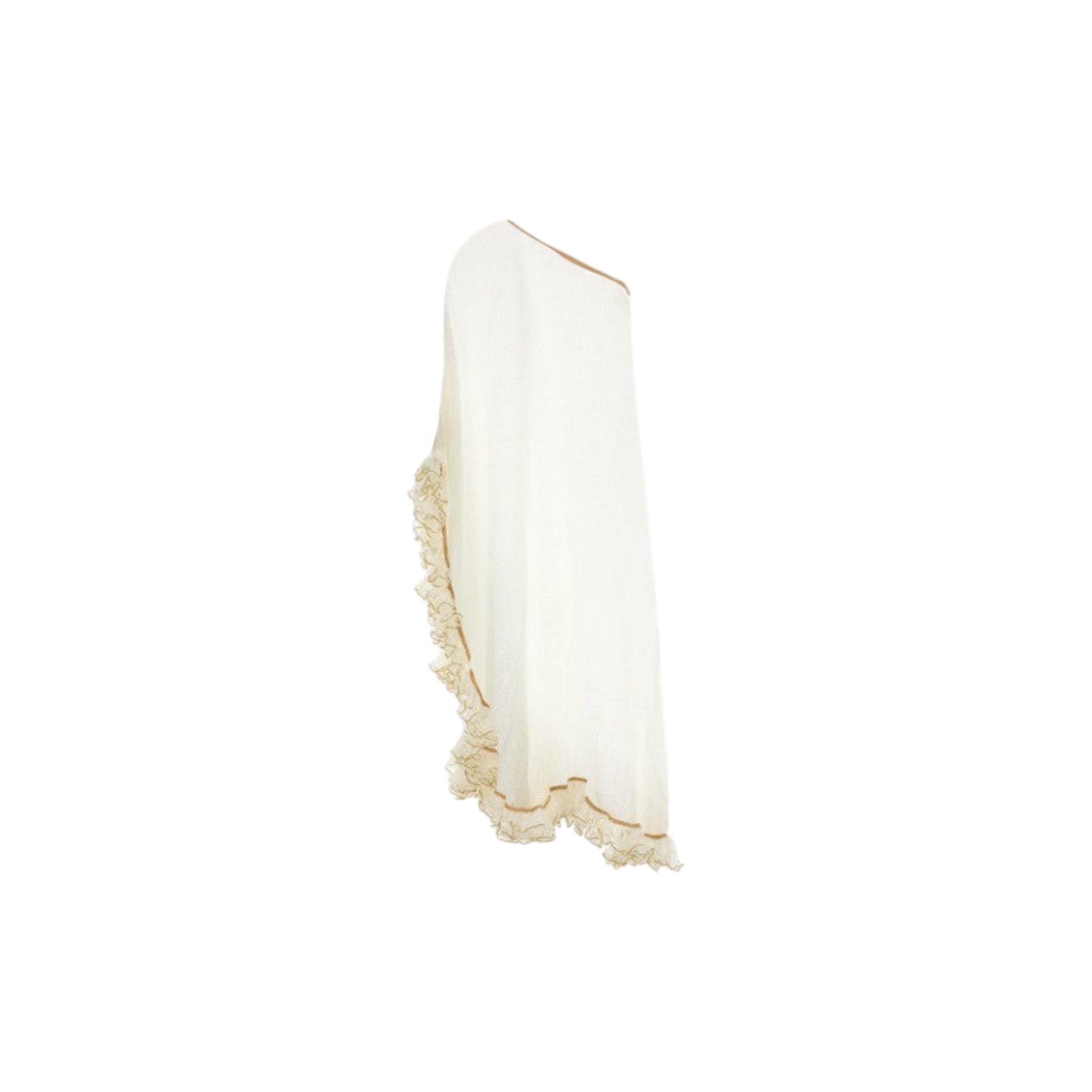 Via Manzoni Boutique white mesh one-shoulder cover-up dress with tan ruffled lace trim for beach and resort wear.