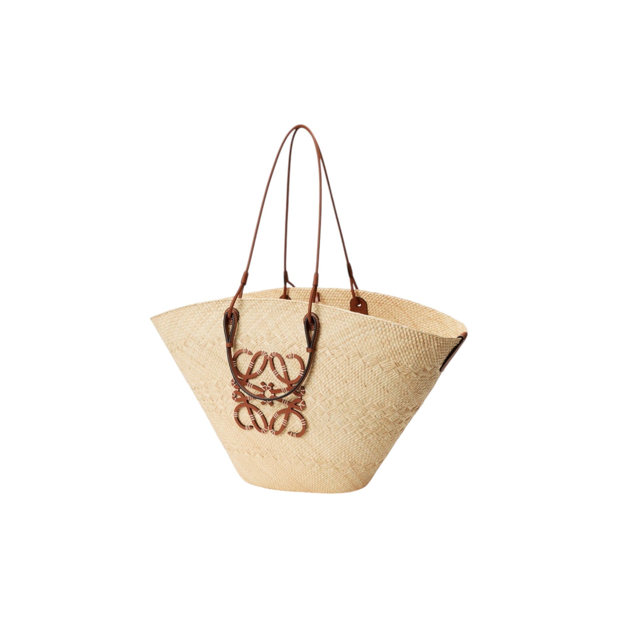 Via Manzoni Boutique large woven iraca palm basket bag with tan calfskin leather handles and Anagram emblem cutout