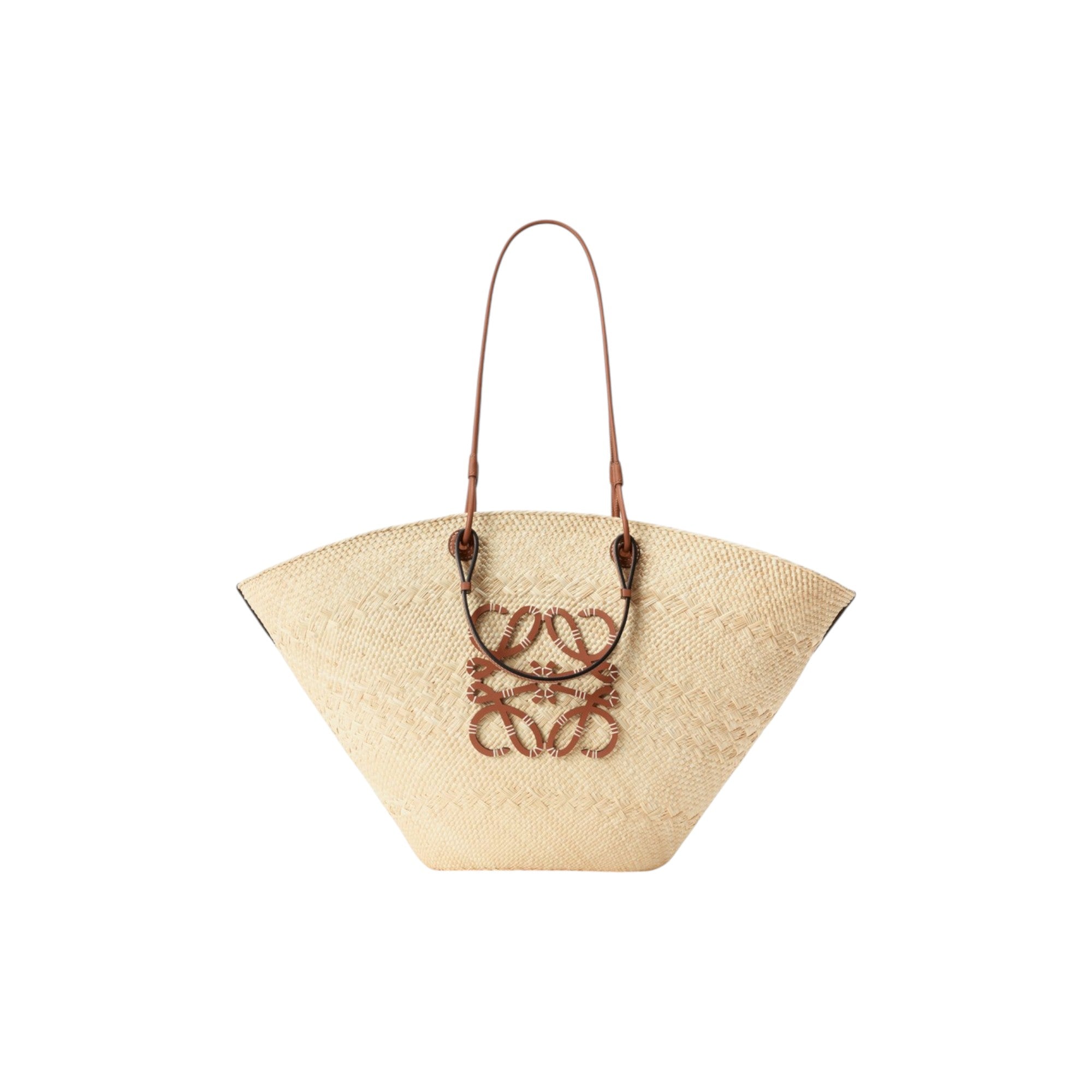 Via Manzoni Boutique large woven iraca palm basket bag with tan calfskin leather handles and Anagram logo cutout