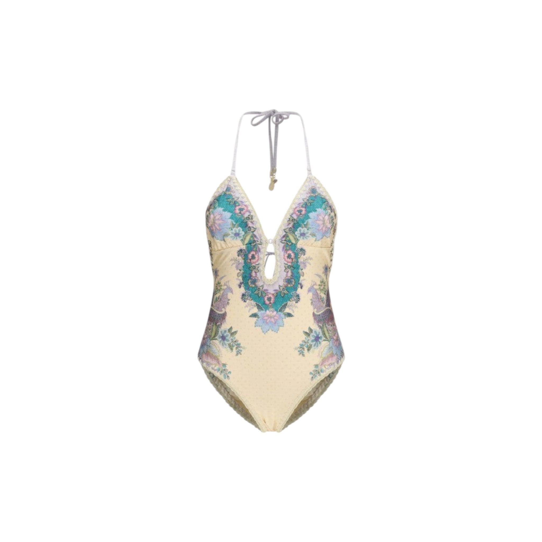 Via Manzoni Boutique Zimmermann cream halter one-piece swimsuit with floral peacock print and crochet trim detail.