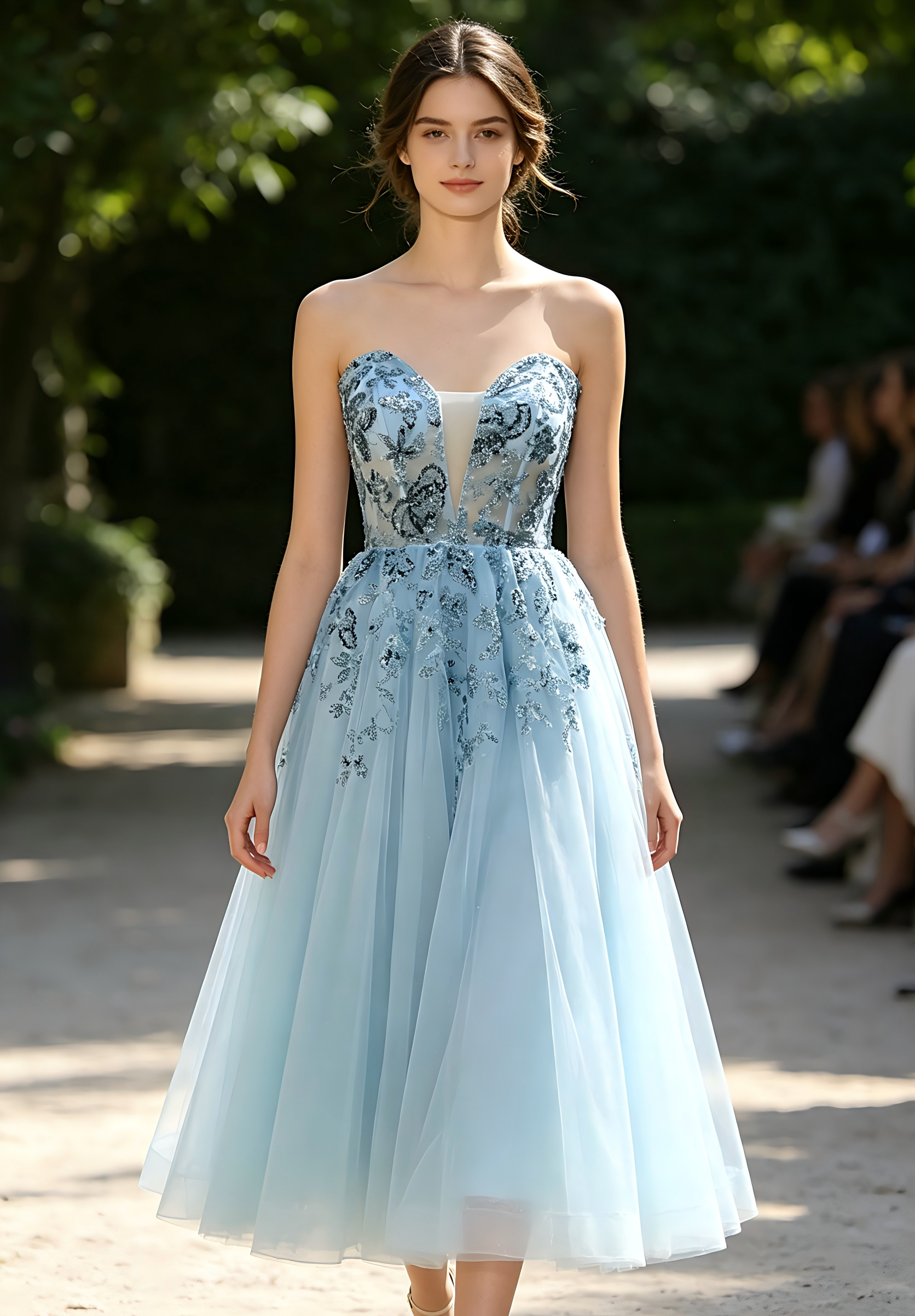 Exquisite Floral Embroidered Tulle Prom Dress in Dusty Blue