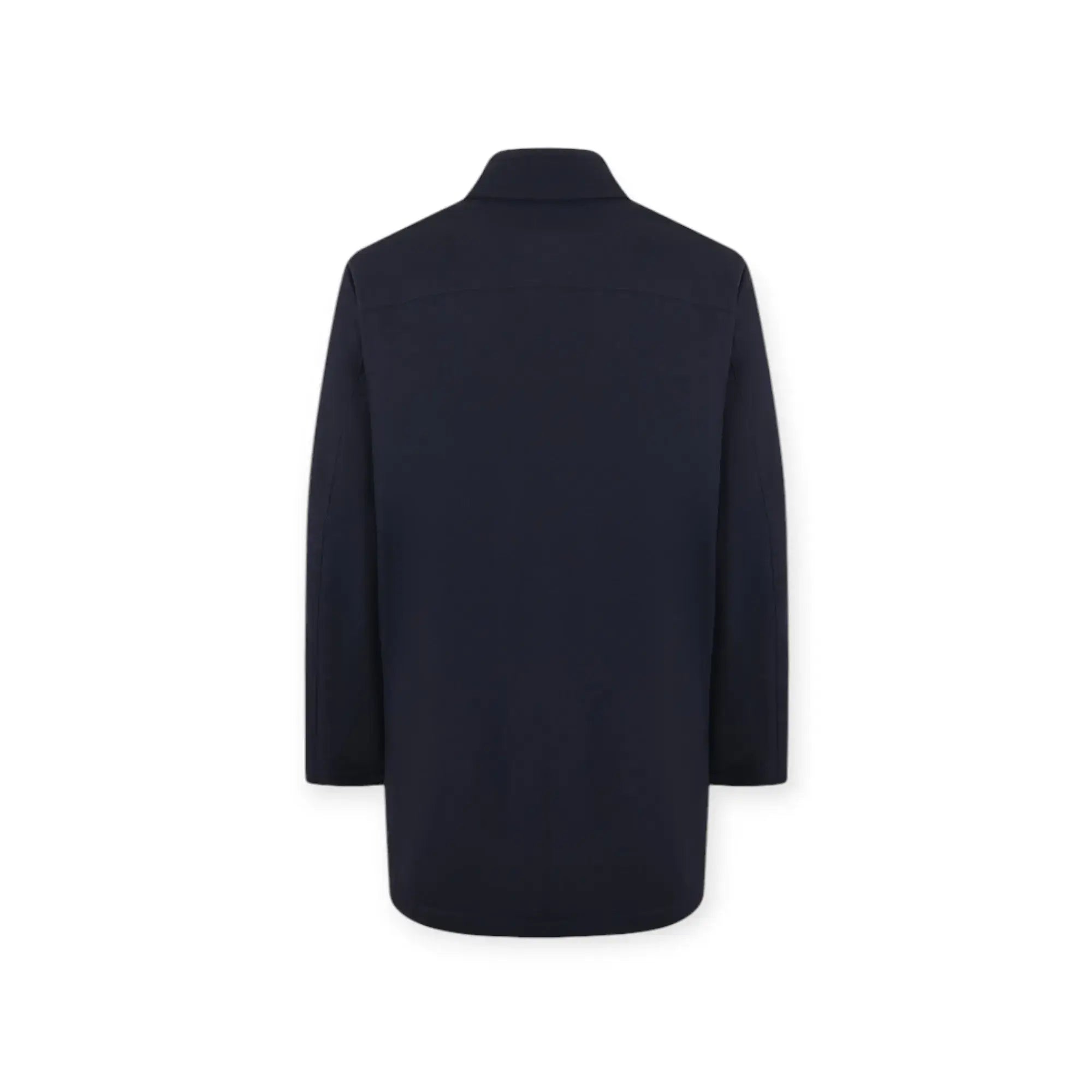 Back view of a modern navy morning coat in canvas with a clean design and structured collar.