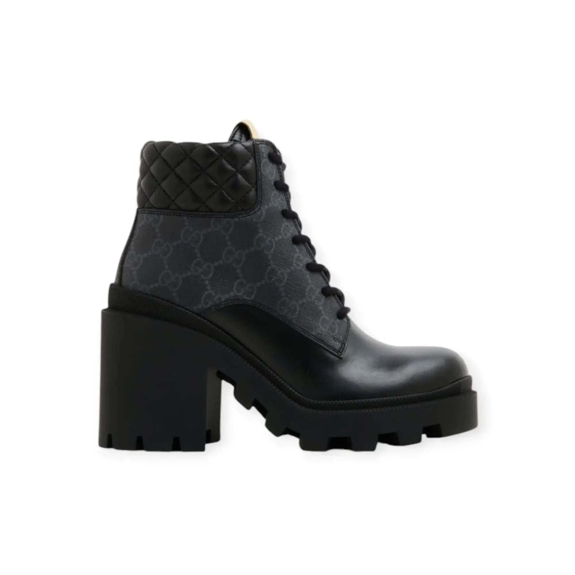 Gucci GG ankle boots featuring a lug sole, lace-up closure, and quilted leather detail in black and gray.