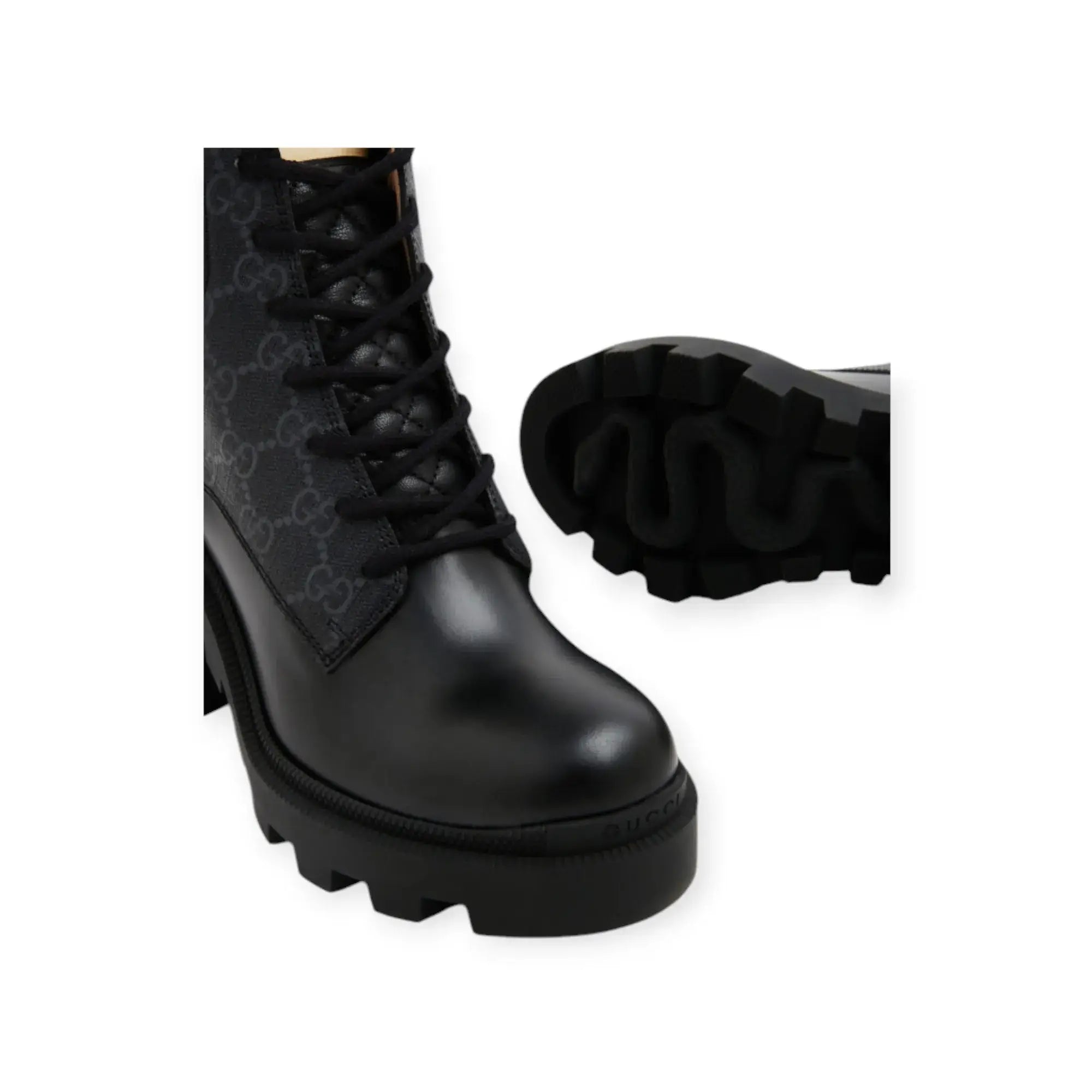 Gucci GG Ankle Boots featuring a lug sole, lace-up closure, and quilted leather detail in black.