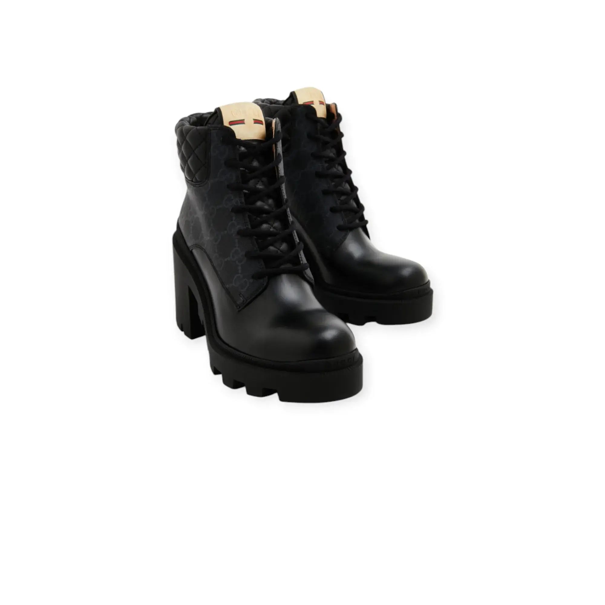 Gucci GG Ankle Boots featuring a lug sole, lace-up closure, and quilted leather detail, with a 90mm heel and platform style.