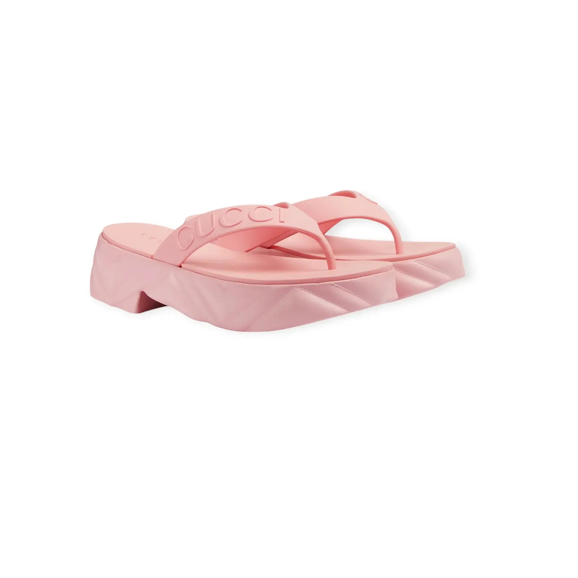 Gucci Women's Thong Platform Sandal in pink with embossed strap and rubber platform sole, 52mm heel height, made in Italy.