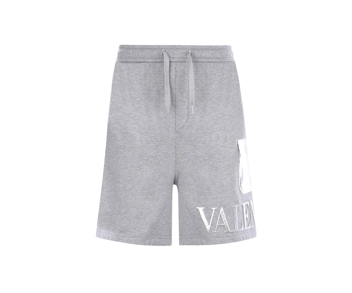 Logo Embroidery Cotton Jersey Shorts In Grey Valentino