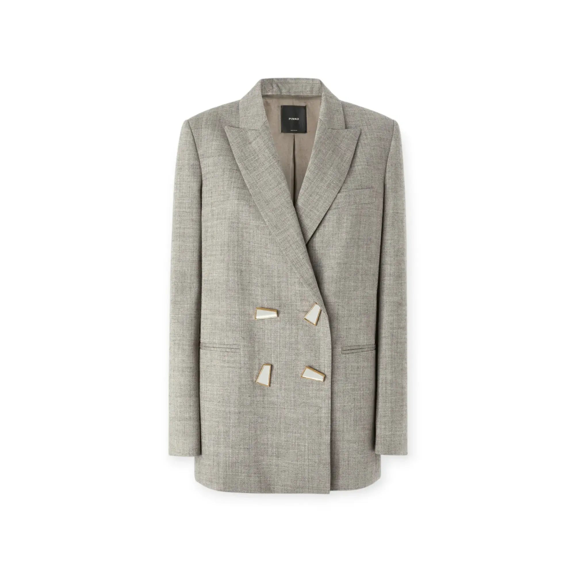 Cool wool blazer in a stylish grey with geometric buttons and double-breasted design, perfect for women's fashion.