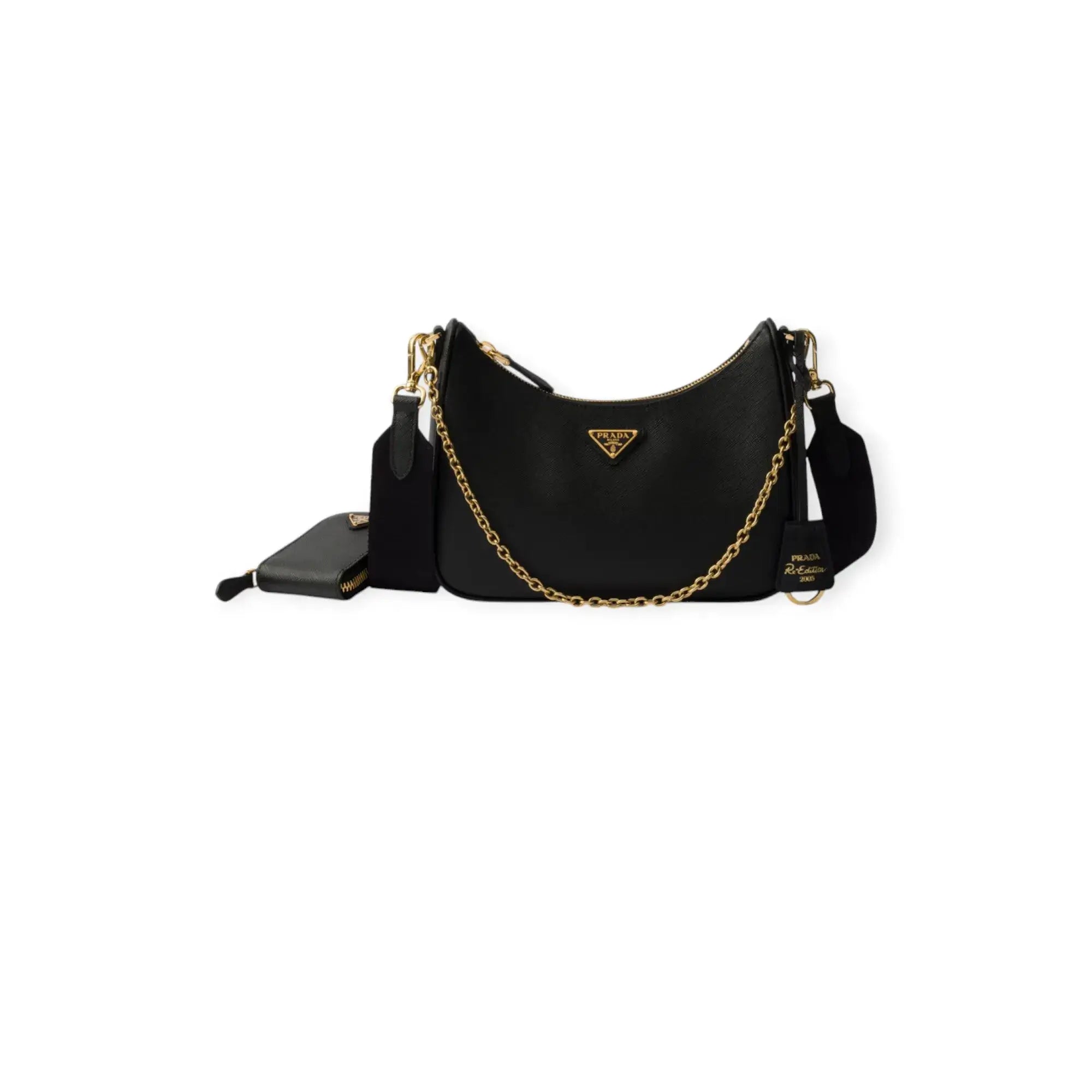 Prada Re-Edition 2005 Saffiano leather bag in black with chain detail and removable pouch, showcasing luxury and style.