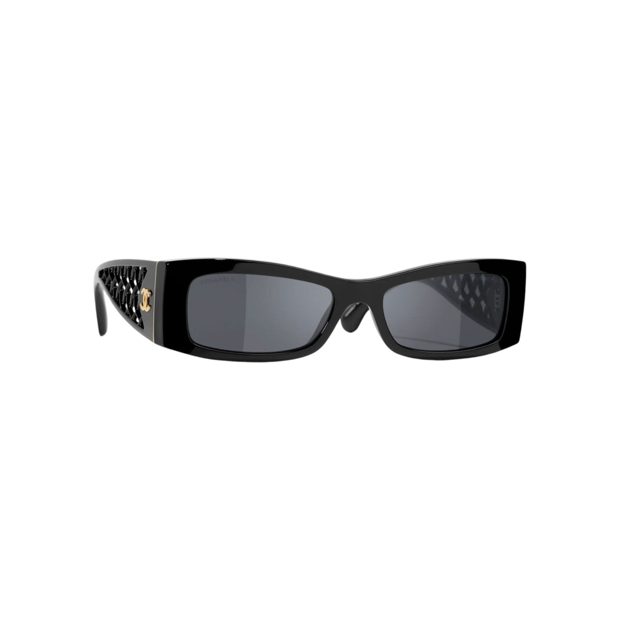 Via Manzoni Boutique black acetate rectangular sunglasses with lattice detail and gold Chanel logo.