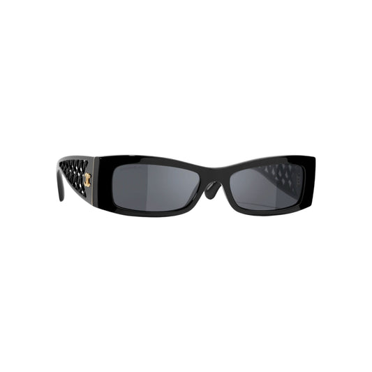 Via Manzoni Boutique black acetate rectangular sunglasses with lattice detail and gold Chanel logo.