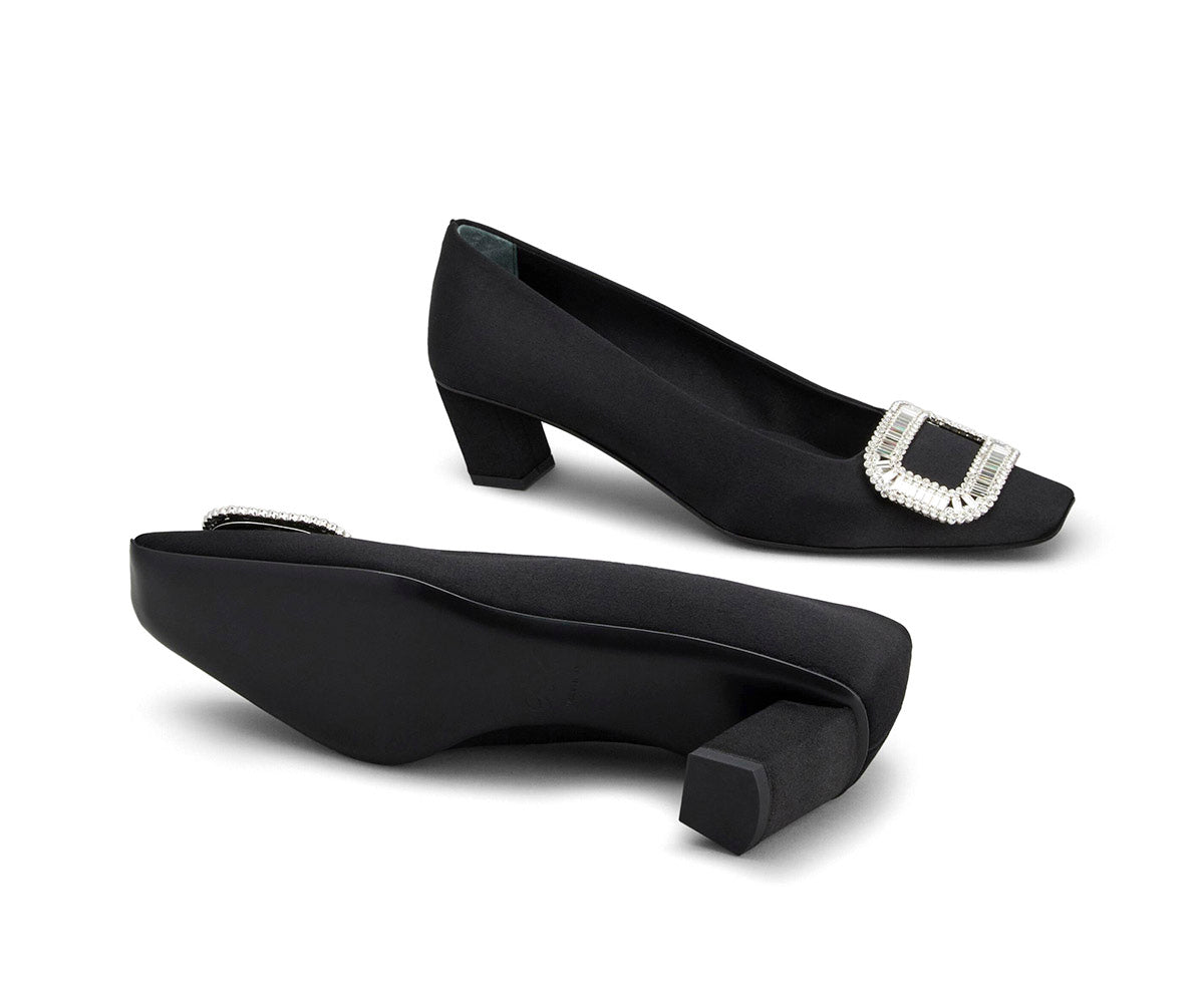 Belle Vivier Pilgrim Buckle Pumps in Satin