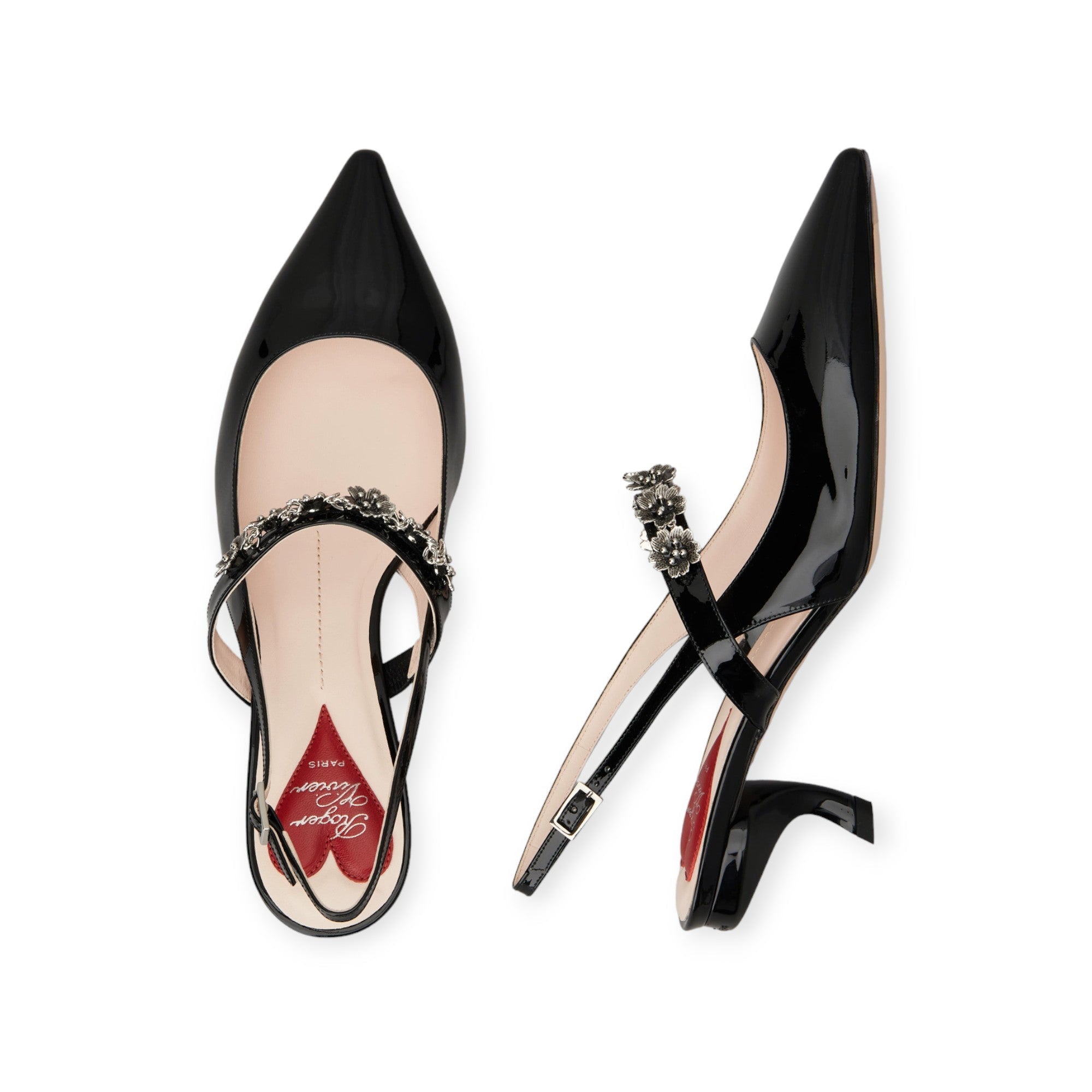 Virgule Flower Slingback Pumps in Patent Leather