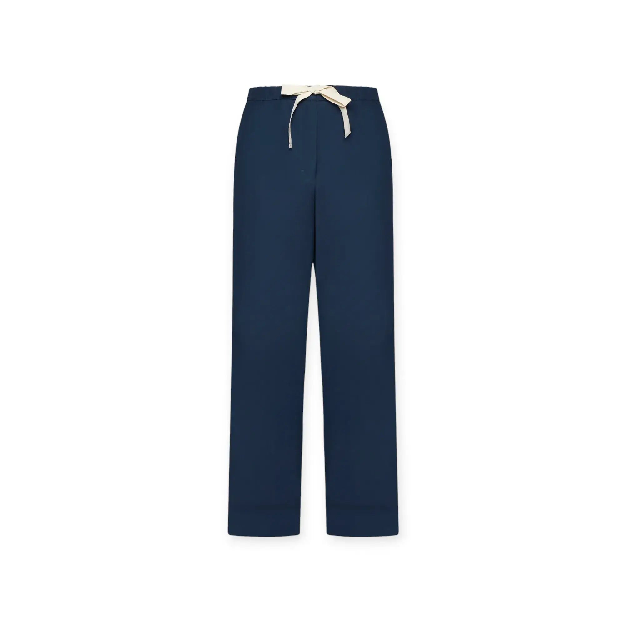 Max Mara women's straight cotton trousers in navy color with elasticated waistband and drawstring, made in Italy.