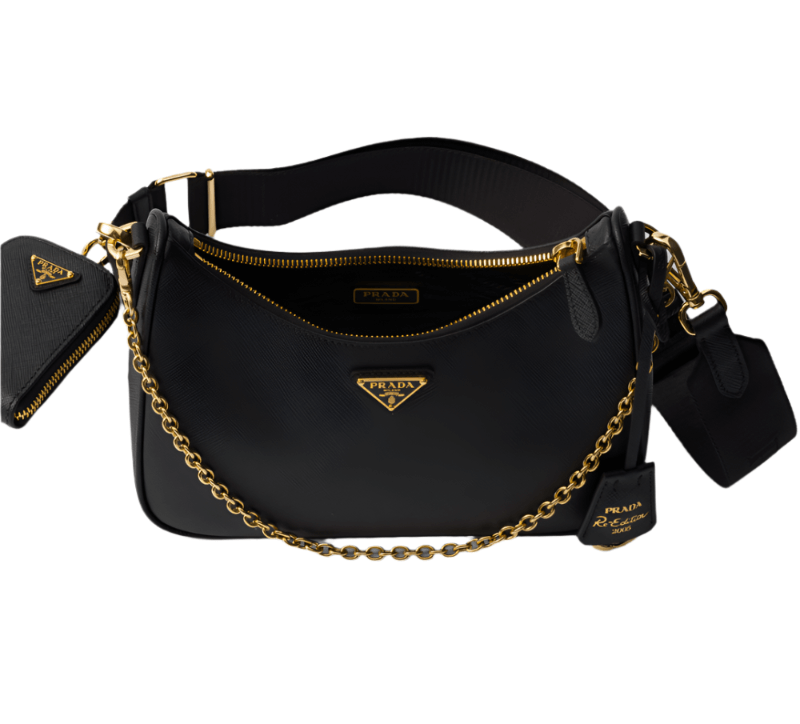 Prada Re-Edition 2005 Saffiano Leather Bag with removable pouch, gold chain, and iconic logo detail.