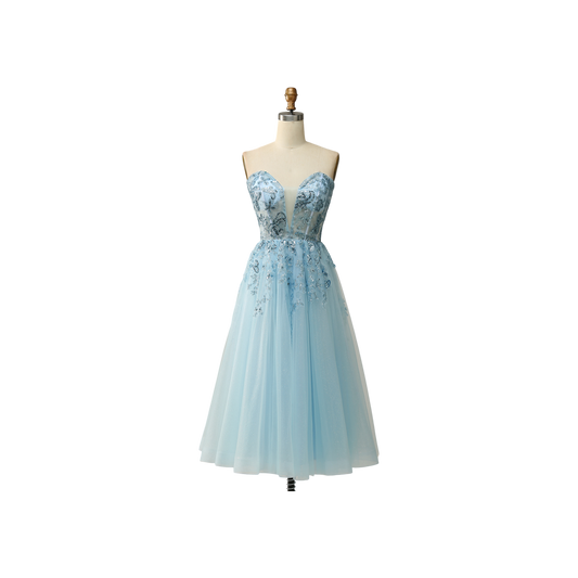Exquisite Floral Embroidered Tulle Prom Dress in Dusty Blue