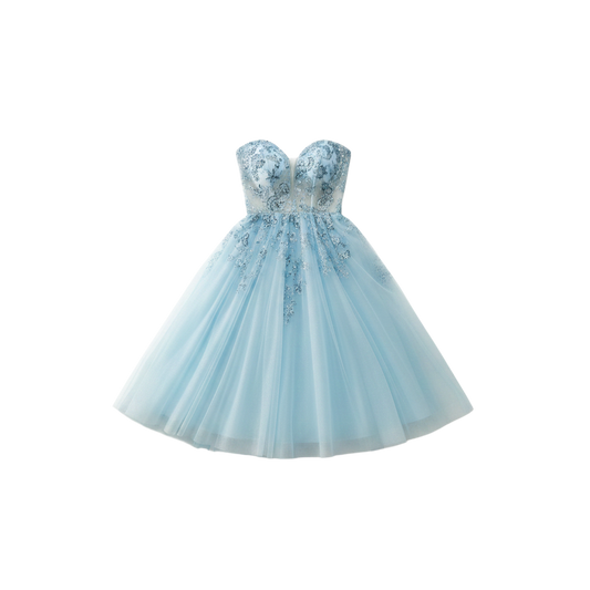 Exquisite Floral Embroidered Tulle Prom Dress in Dusty Blue
