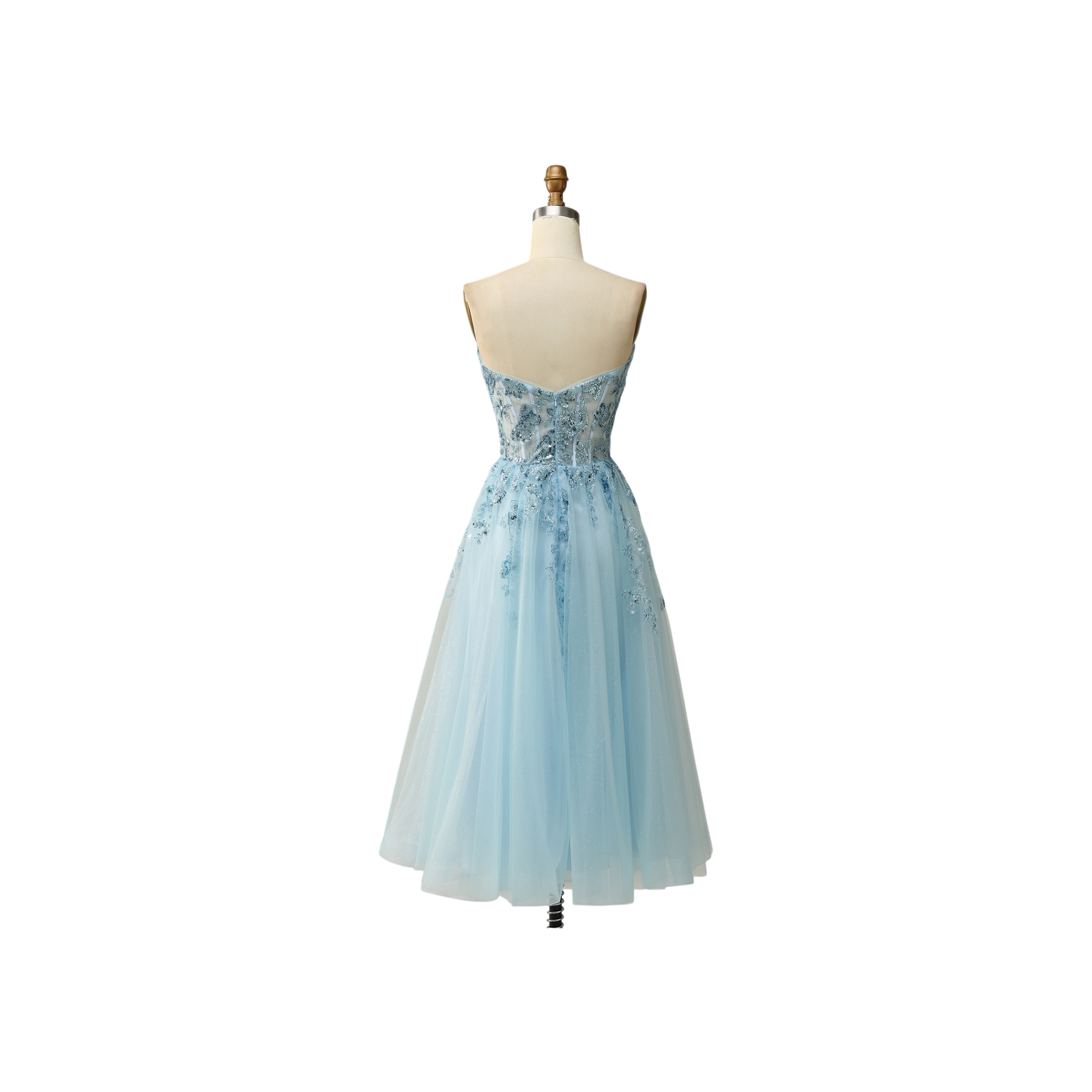 Exquisite Floral Embroidered Tulle Prom Dress in Dusty Blue
