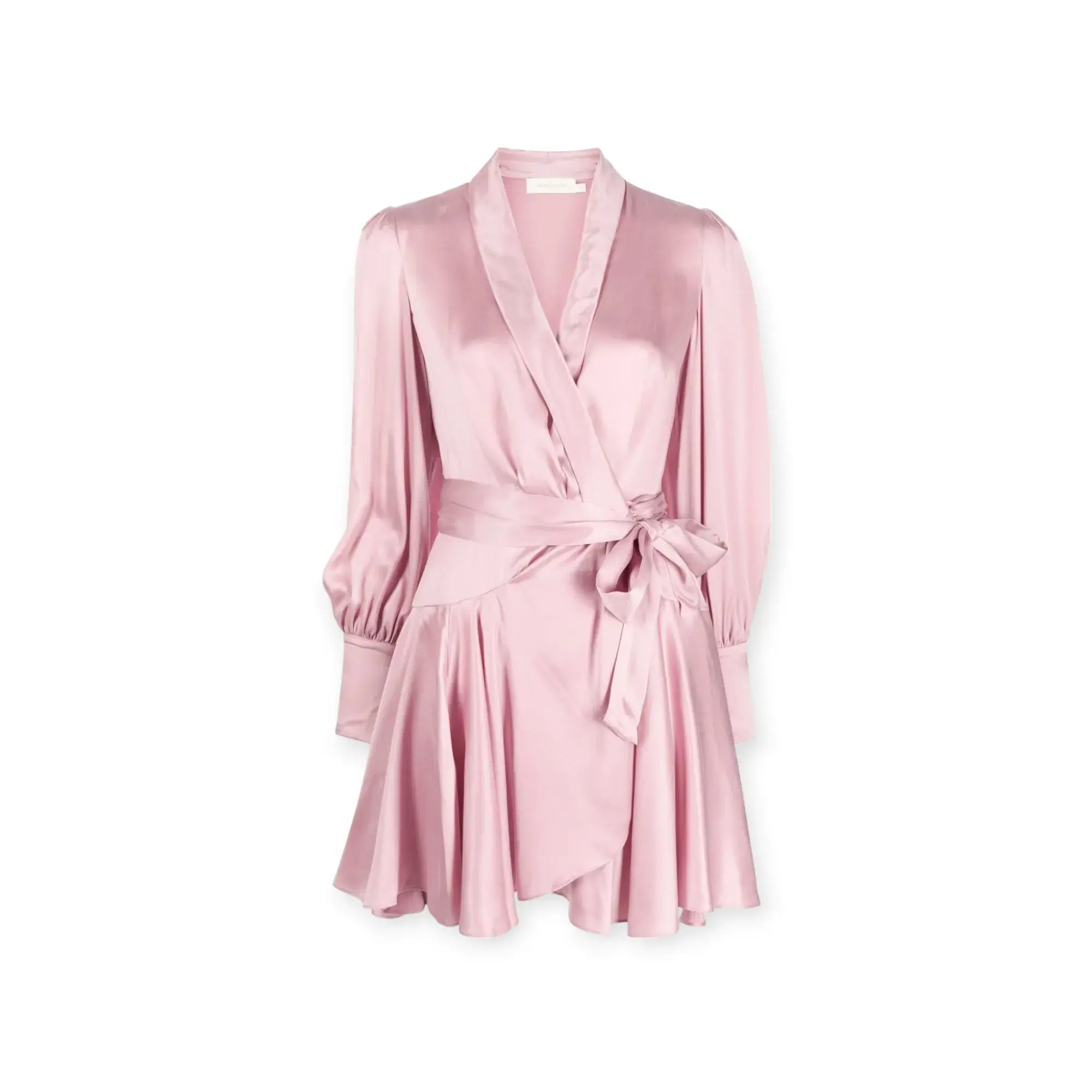 Rose pink long-sleeve wrap silk minidress with pussy-bow fastening and flared skirt by Zimmermann.