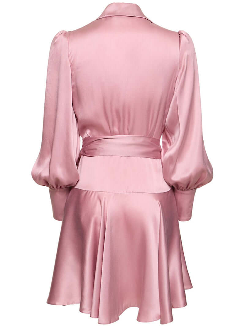 Back view of Zimmermann Long-Sleeve Wrap Silk Minidress in rose pink with flared skirt and pussy-bow fastening.