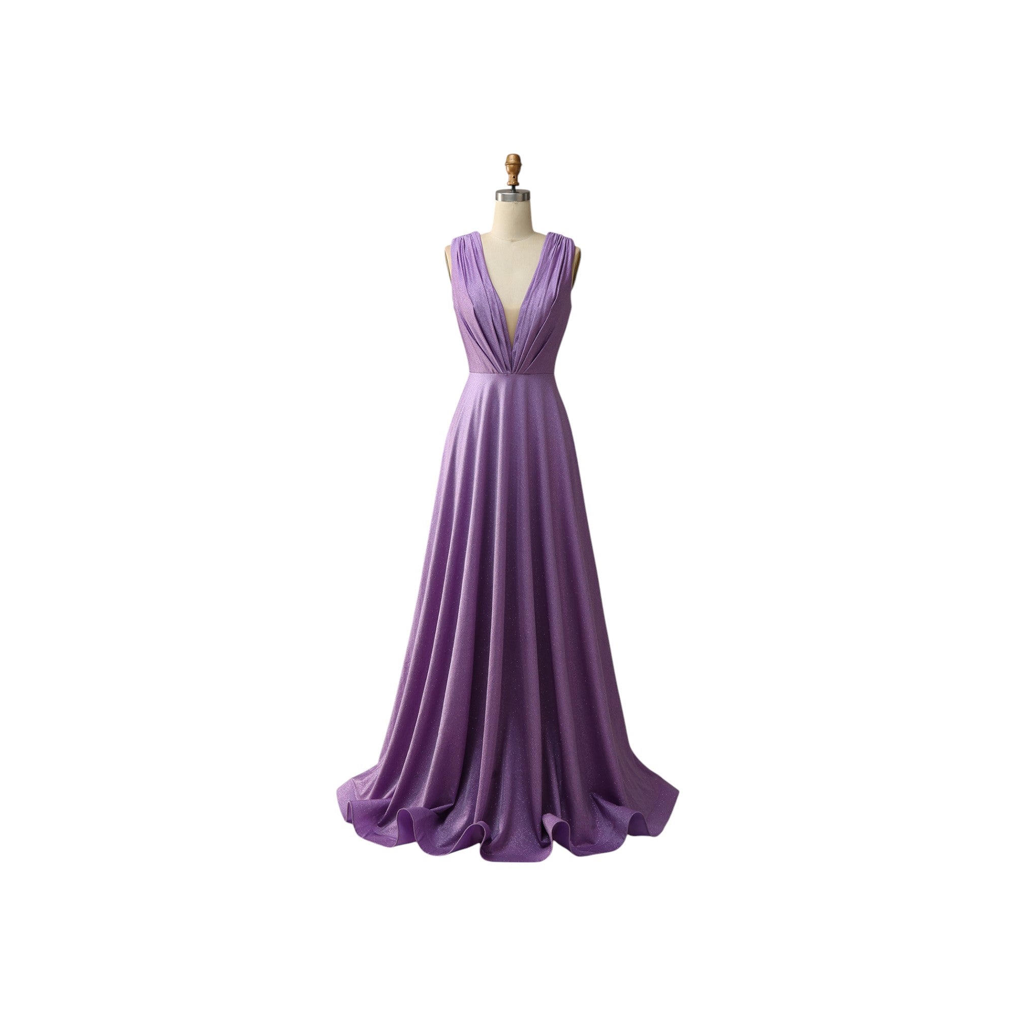 Via Manzoni Boutique amethyst shimmer deep V-neck pleated evening gown with empire waist and floor-length skirt.