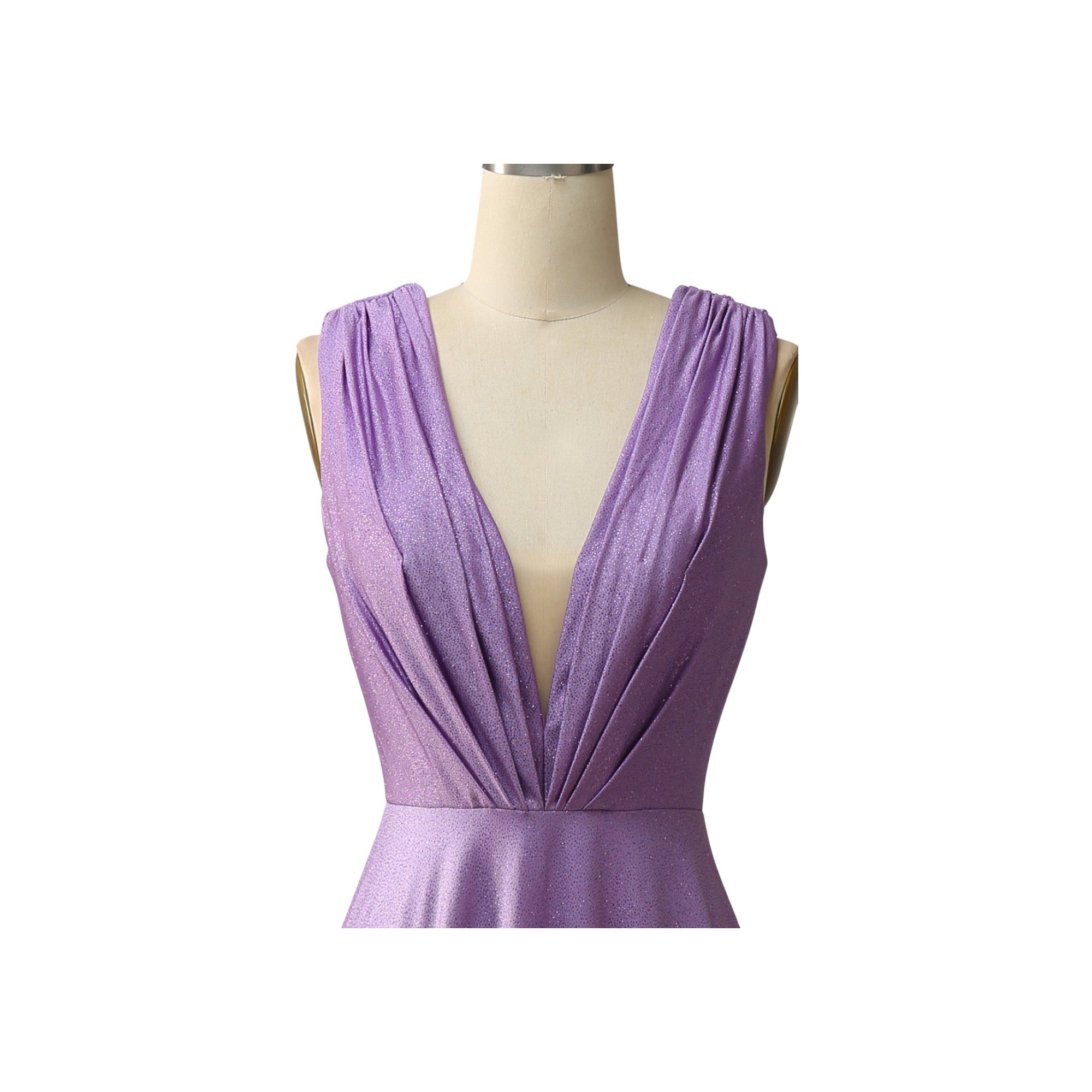 Via Manzoni Boutique amethyst purple shimmer lurex gown with plunging V-neck and pleated bodice. Empire waist maxi skirt.