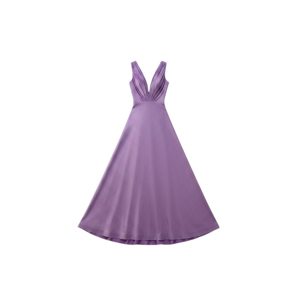 Via Manzoni Boutique amethyst purple shimmer lurex gown with deep V-neck and pleated bodice, empire waist, and floor-length skirt.