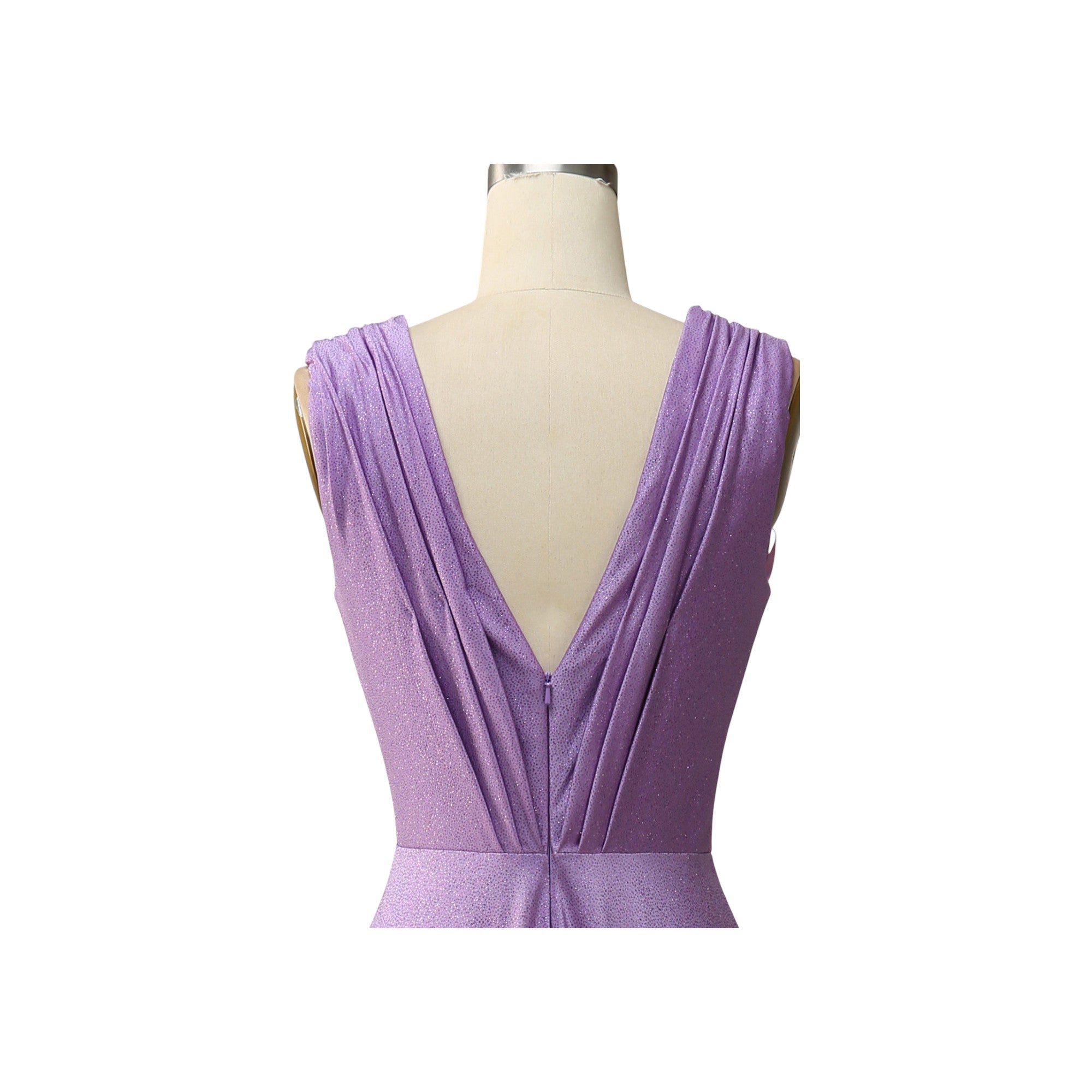 Via Manzoni Boutique amethyst shimmer deep V-neck pleated evening gown with empire waist and floor-puddling hem.