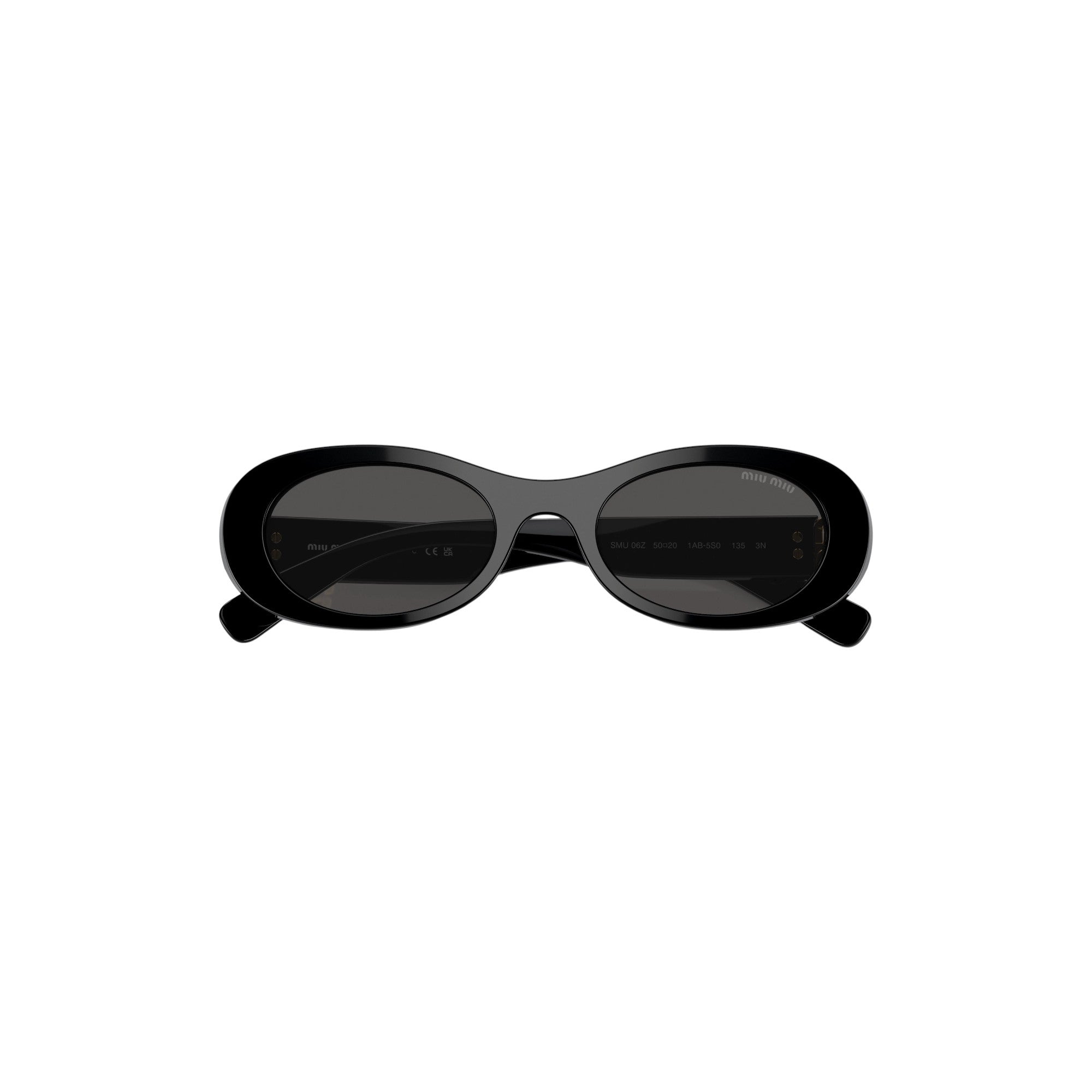 Via Manzoni Boutique black acetate oval sunglasses with dark grey lenses and Miu Miu logo on temples.