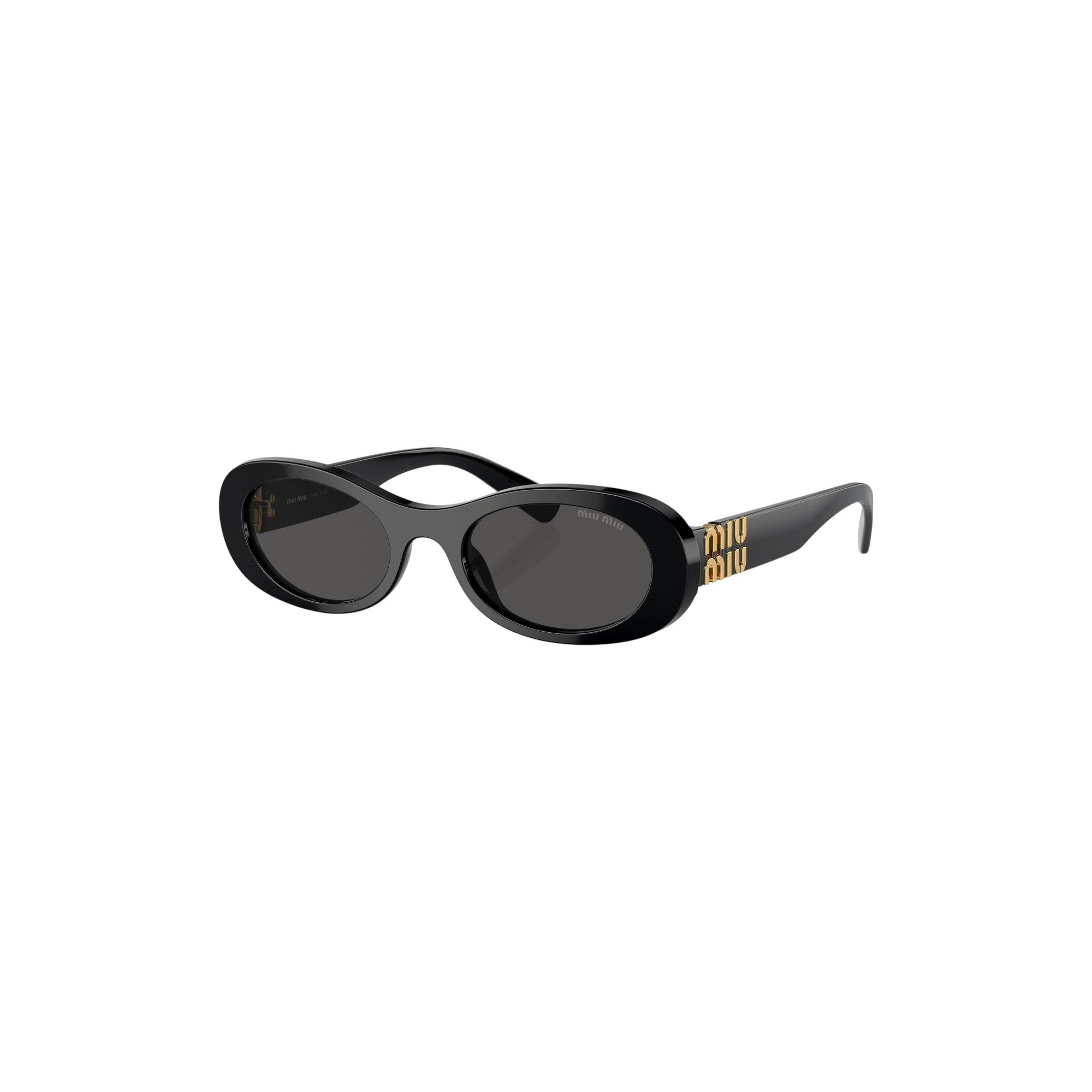 Via Manzoni Boutique black acetate oval sunglasses with gold Miu Miu logo on temples and dark grey lenses.