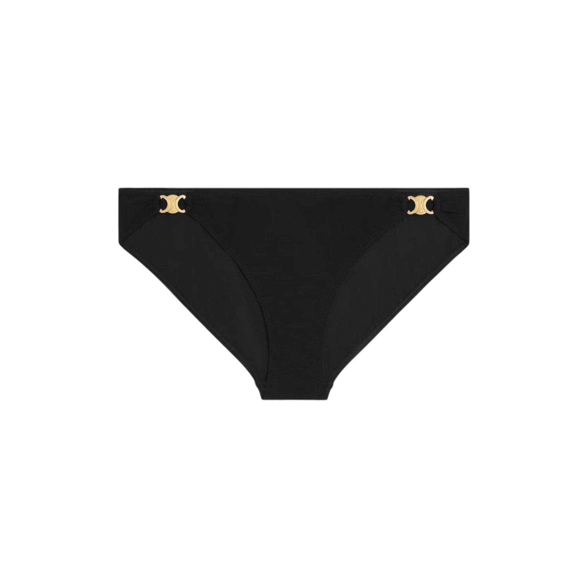 Via Manzoni Boutique black bikini bottoms featuring gold-tone logo hardware at the hips for a luxury aesthetic.