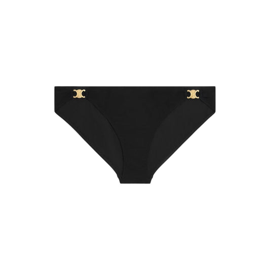 Via Manzoni Boutique black bikini bottoms featuring gold-tone logo hardware at the hips for a luxury aesthetic.