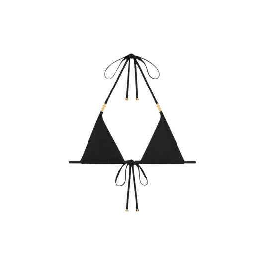 Via Manzoni Boutique black triangle bikini top with adjustable halter neck and luxury gold-tone hardware accents.