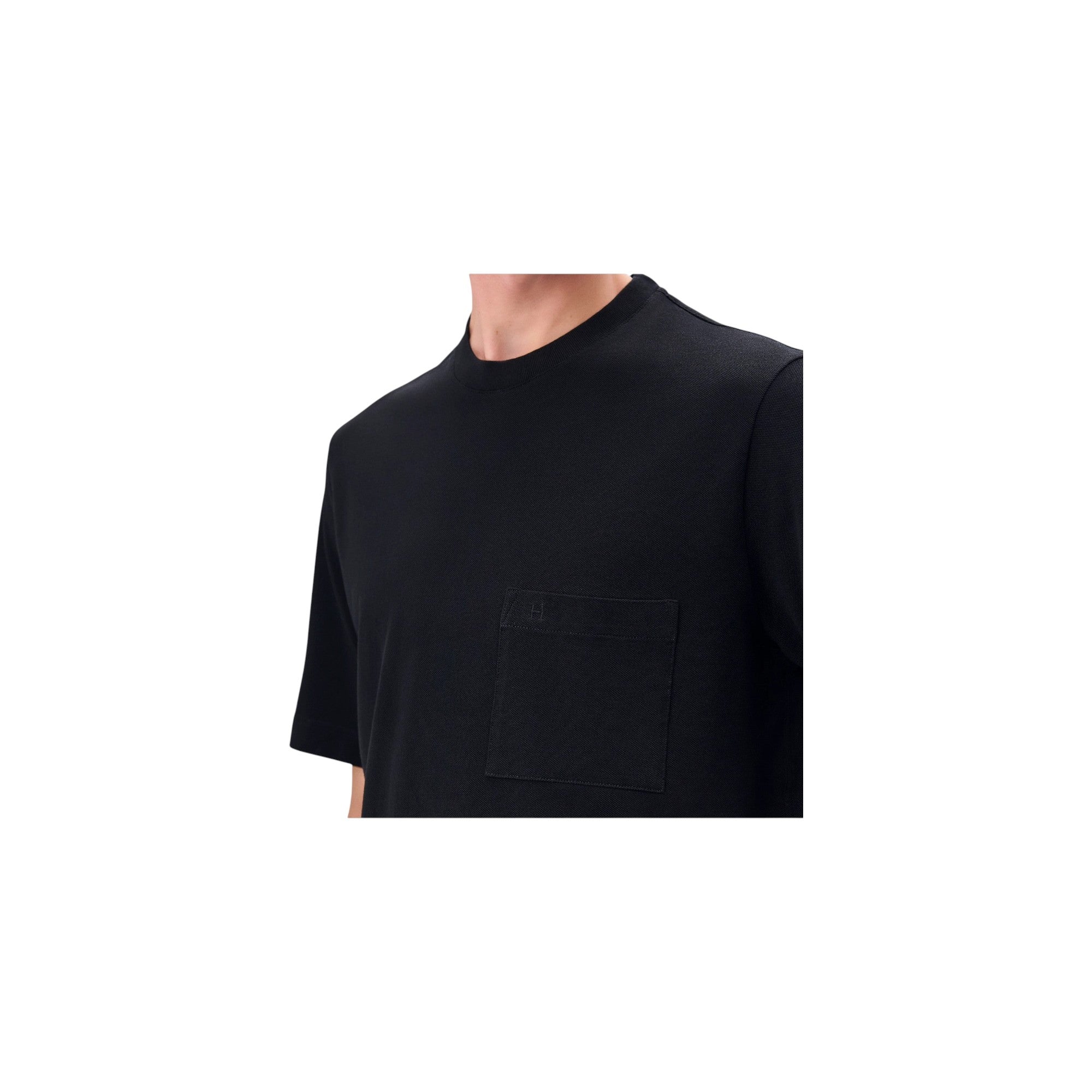 Via Manzoni Boutique black cotton piqué crewneck T-shirt with a tonal embroidered H logo on the chest pocket.