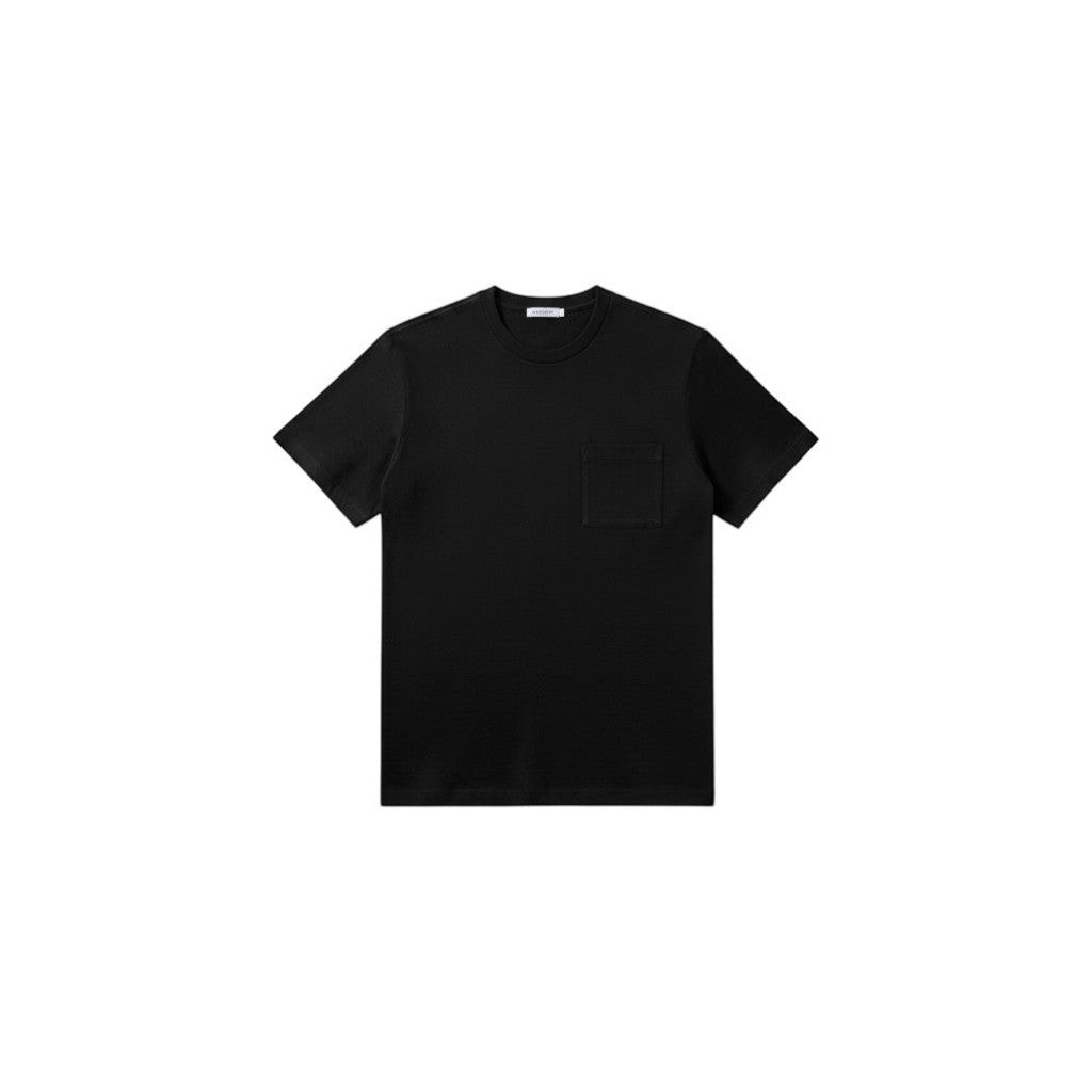 Via Manzoni Boutique black Hermès cotton piqué crewneck T-shirt with a chest pocket and subtle tonal H embroidery.