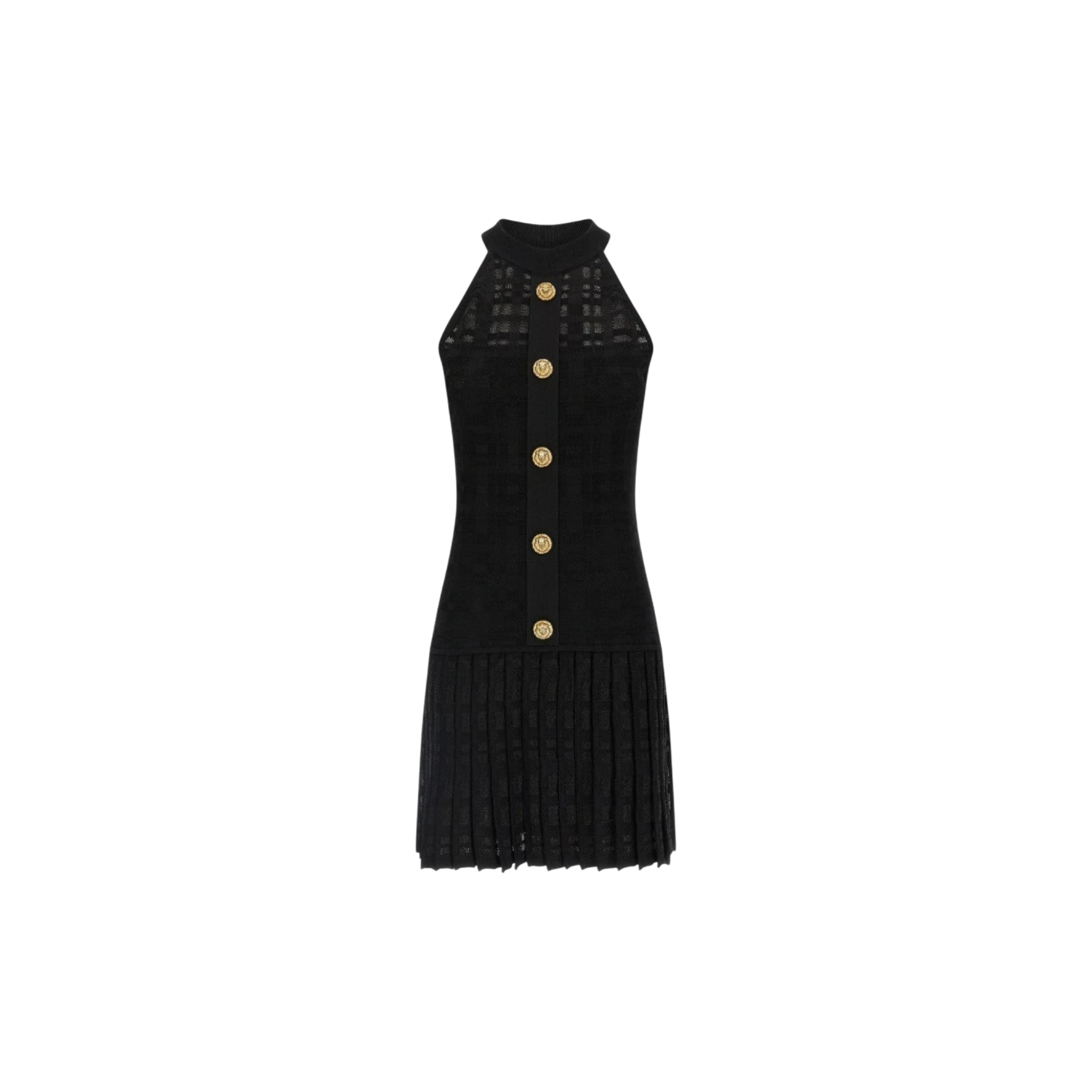 Via Manzoni Boutique black sleeveless knit dress with halter neck, gold buttons, and pleated skirt.