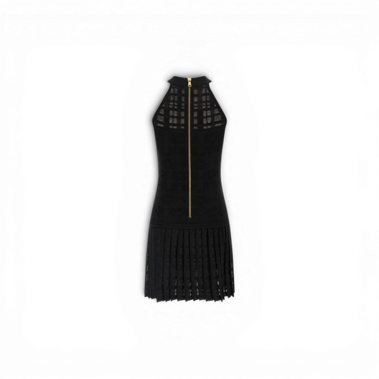 Via Manzoni Boutique black sleeveless knit dress with halter neck, grid pattern yoke, gold buttons, and pleated skirt.