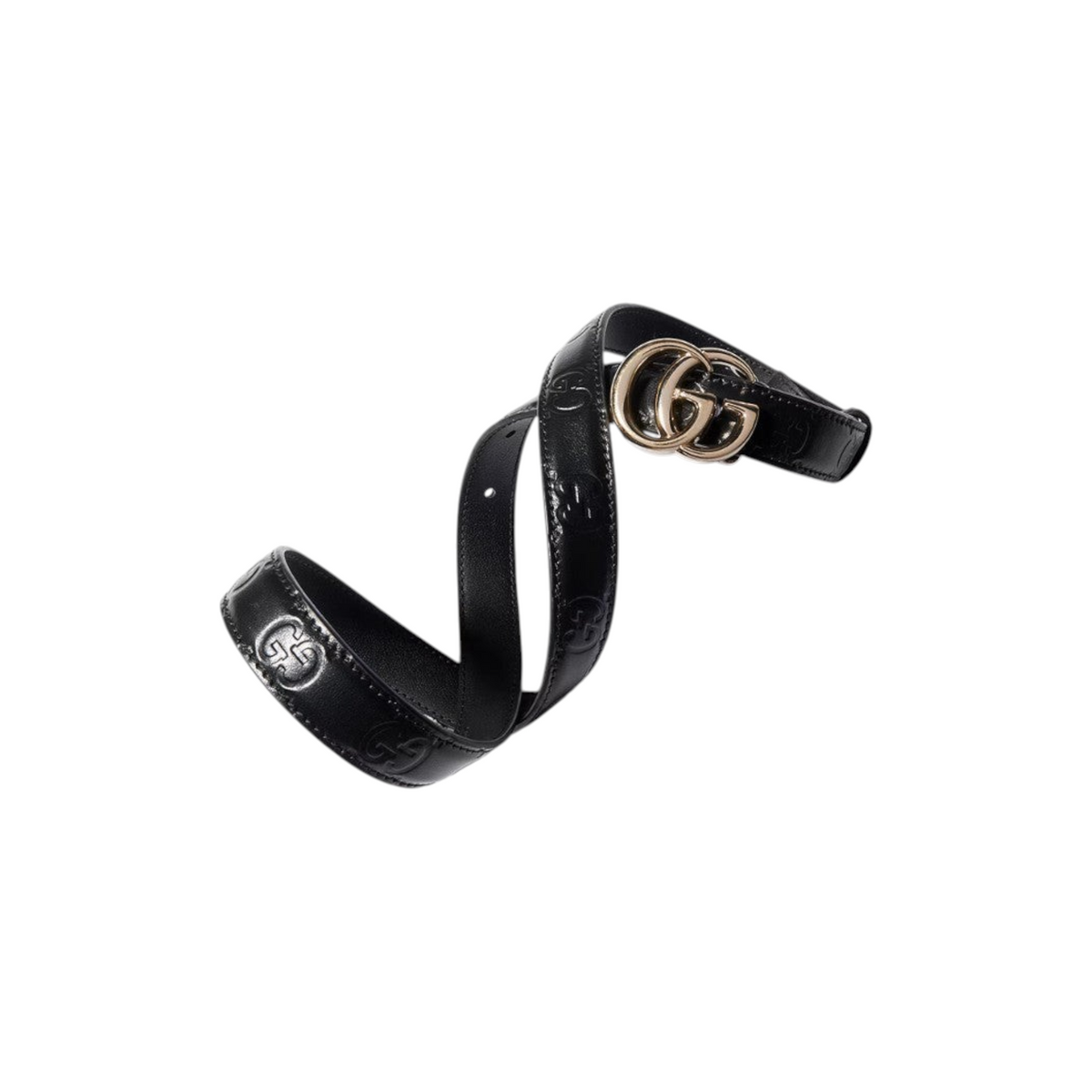 Via Manzoni Boutique black leather belt with embossed monogram pattern and polished gold-tone double-G logo buckle.