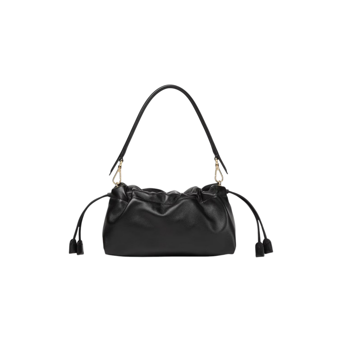 Via Manzoni Boutique black leather shoulder bag with a slouchy silhouette, gold-tone hardware, and drawstring closure.