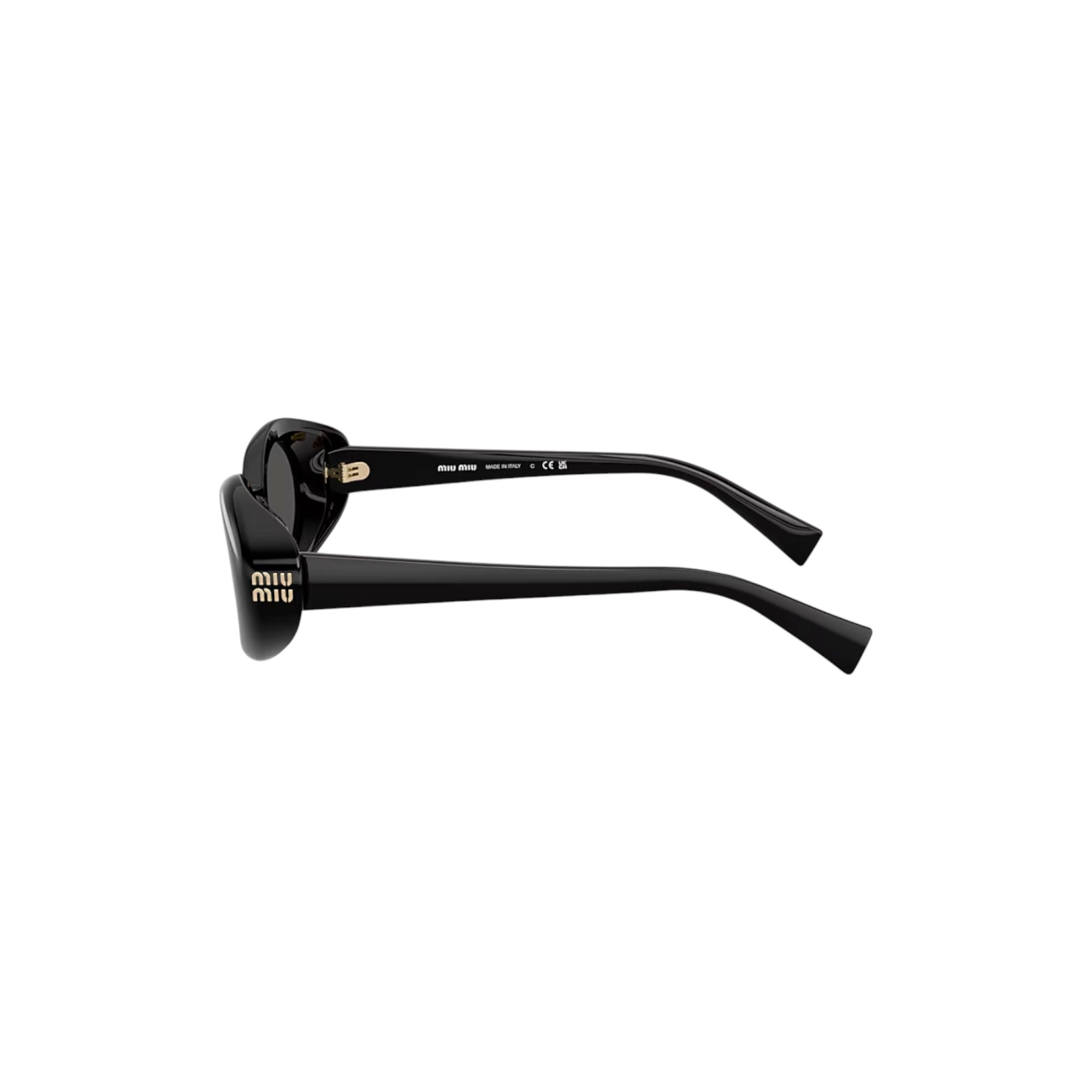 Via Manzoni Boutique black acetate oval sunglasses with gold Miu Miu logo on the side.
