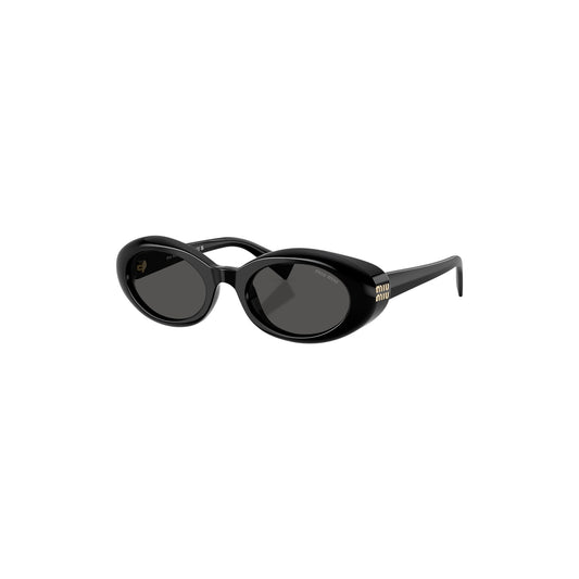 Via Manzoni Boutique black acetate oval sunglasses with dark grey lenses and gold Miu Miu logo on temples.