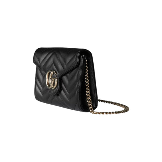 Via Manzoni Boutique black quilted leather wallet on a chain with gold GG logo and chain strap.