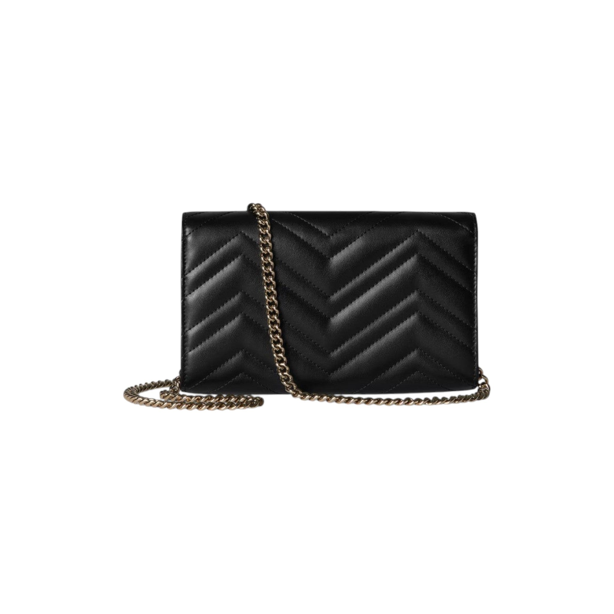 Via Manzoni Boutique black quilted leather wallet on a chain with gold hardware and chevron pattern.